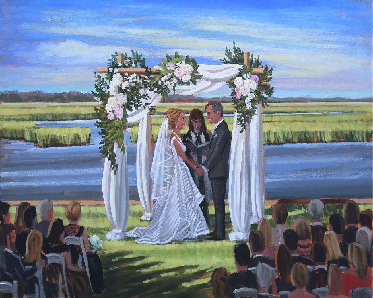 The waterfront view of Figure 8 Island Yacht Club was a perfect backdrop for Jennifer + Frank's live wedding painting by painter, Ben Keys, of Wed on Canvas.