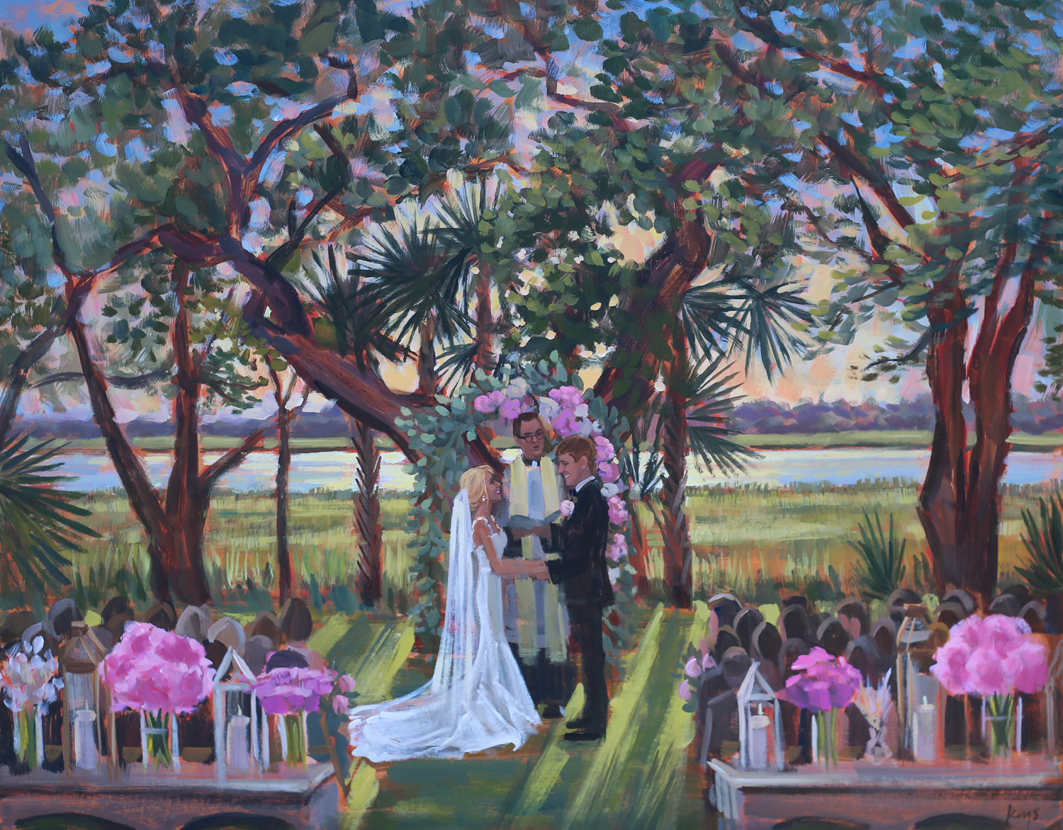 Live wedding painter, Ben Keys, captured Lindsay + Alex's gorgeous waterfront ceremony at downtown Charleston's Lowndes Grove Plantation 
