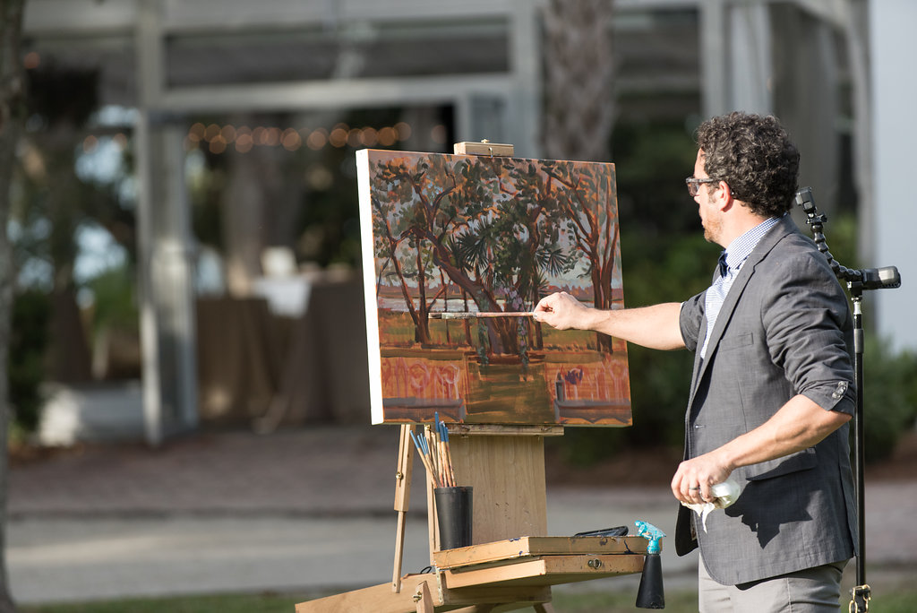 Live Wedding Painter, Ben Keys, capturing L+A's ceremony at downtown Charleston's Lowndes Grove Plantation.