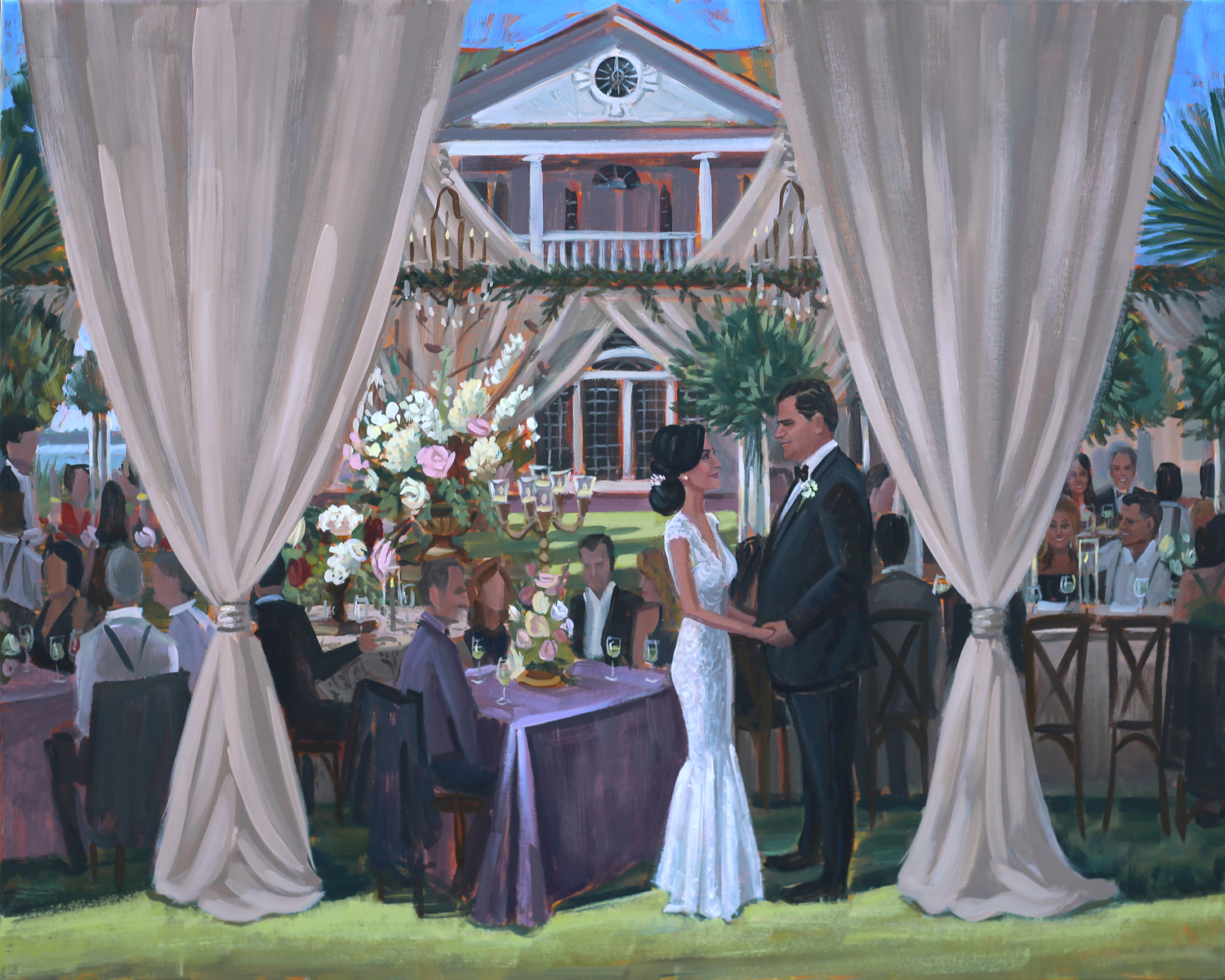 Christina + Gabe celebrated their wedding at the iconic Lowndes Grove Plantation in downtown Charleston, SC. Live Wedding Painter, Ben Keys, captured a sweet moment on canvas of the newlyweds standing outside of their gorgeous al fresco tent there o…