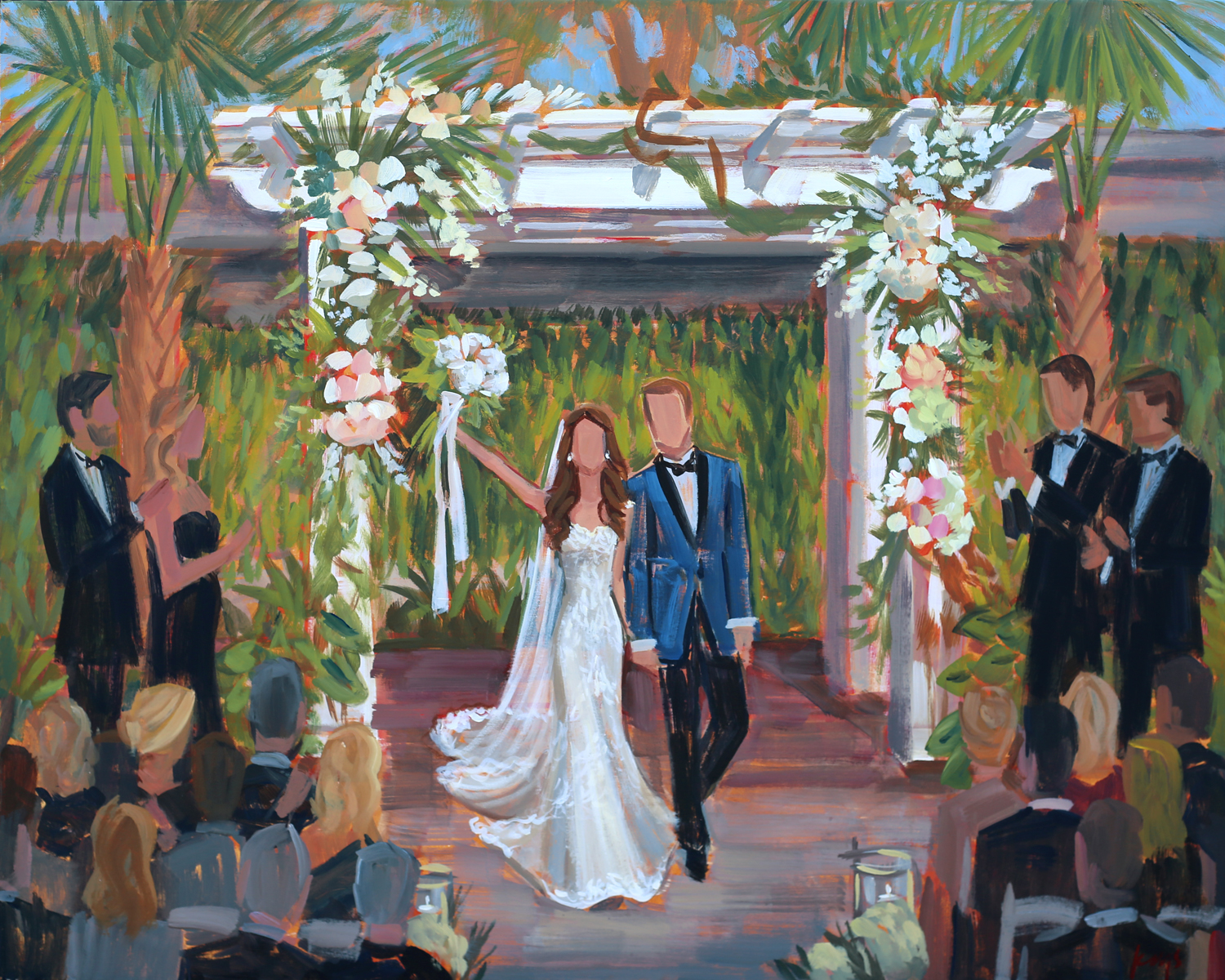 Live Wedding Painter, Ben Keys, captured Dana + Alex's ceremony at downtown Charleston's unique Cannon Green.  