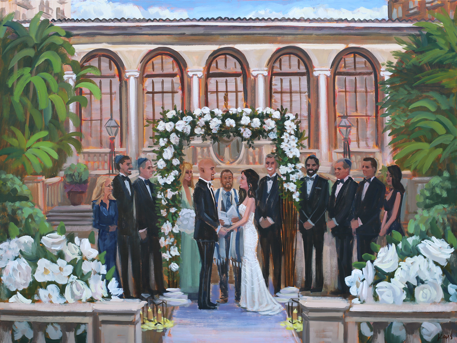 Live Wedding Painter, Ben Keys, captured Allyson + Derek's gorgeous ceremony that took place in Palm Beach, inside one of The Breaker's picturesque courtyards.  