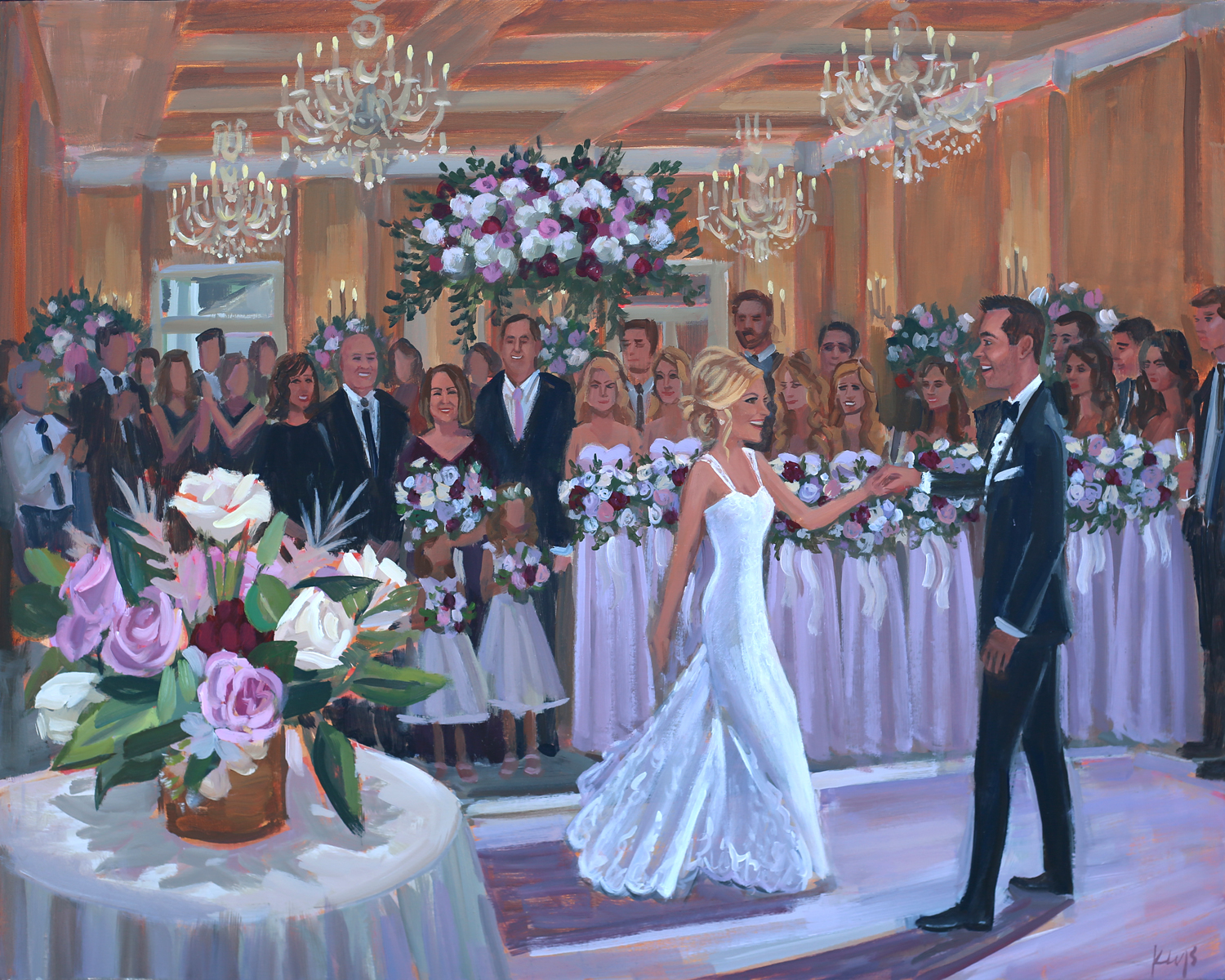 Live Wedding Painter, Ben Keys, captured Laura + Chris' first dance surrounded by their family and friends at Wilmington, NC's Cape Fear Country Club.