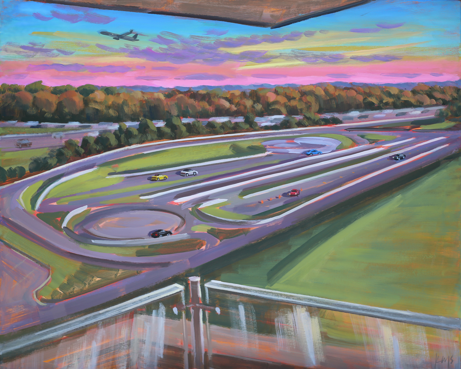 Live Event Painter, Ben Keys, captured the balcony view of Overdrive Lounge overlooking the Porsche Experience Center during the Grand Opening event of Atlanta's newest Hotel, Solis Two Porsche Drive.