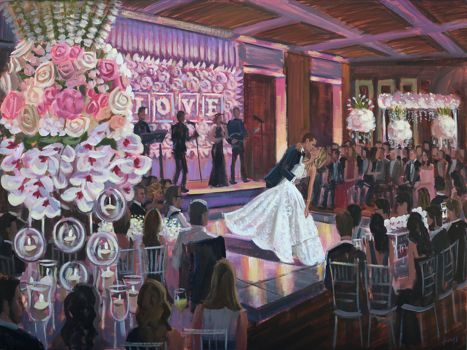 Live Wedding Painter, Ben Keys, captured Lexi + Maxx's reception at Miami's Temple Beth Am.
