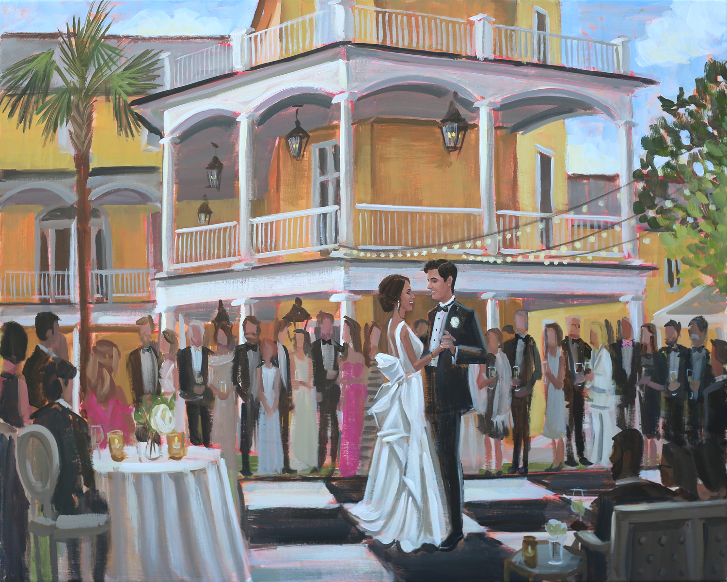Live Wedding Painter, Ben Keys, captured Lauren + Dante's first dance with downtown Charleston's iconic William Aiken House as the backdrop.