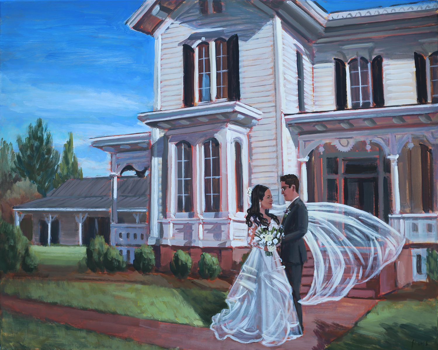 Grace + Matt commissioned live painter, Ben Keys, to capture their First Look that took place in front of downtown Raleigh's Merrimon-Wynne House.