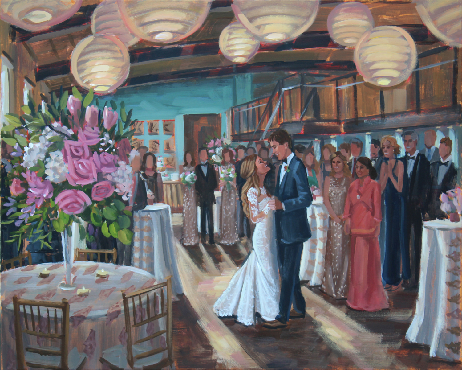 Live Wedding Painter, Ben Keys, of Wed on Canvas captured Madison + Will's magical first dance moment at Zen in downtown Greenville, SC.