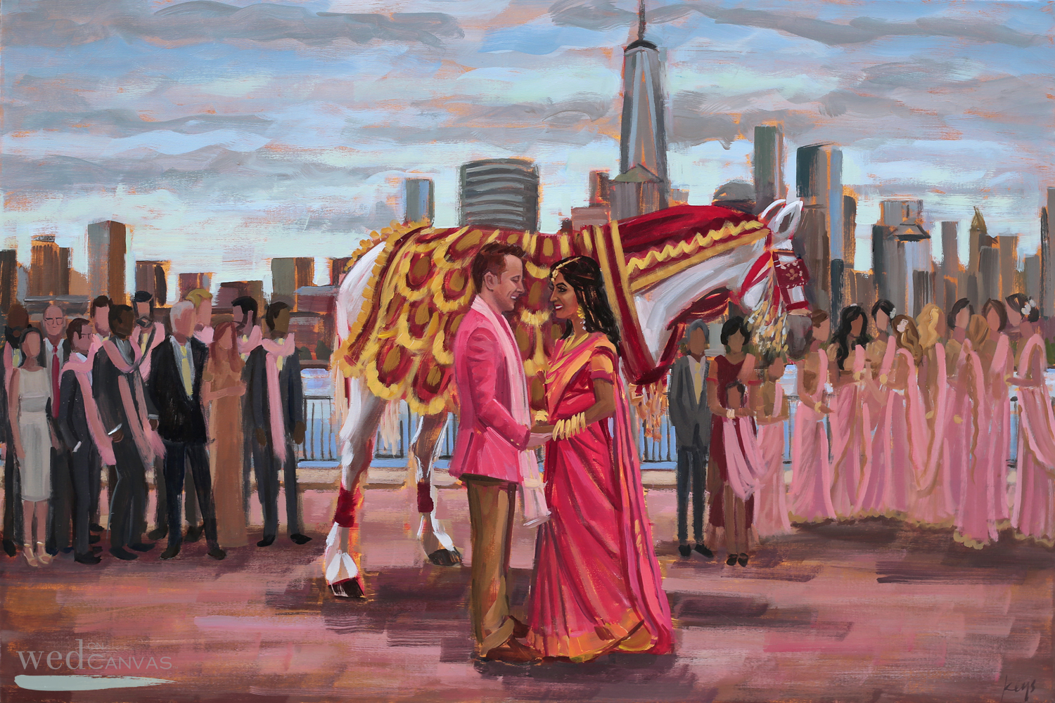 Live Wedding Painter, Ben Keys, captured Suma + Ben's Barat overlooking the gorgeous NYC skyline from Jersey City, NJ.  