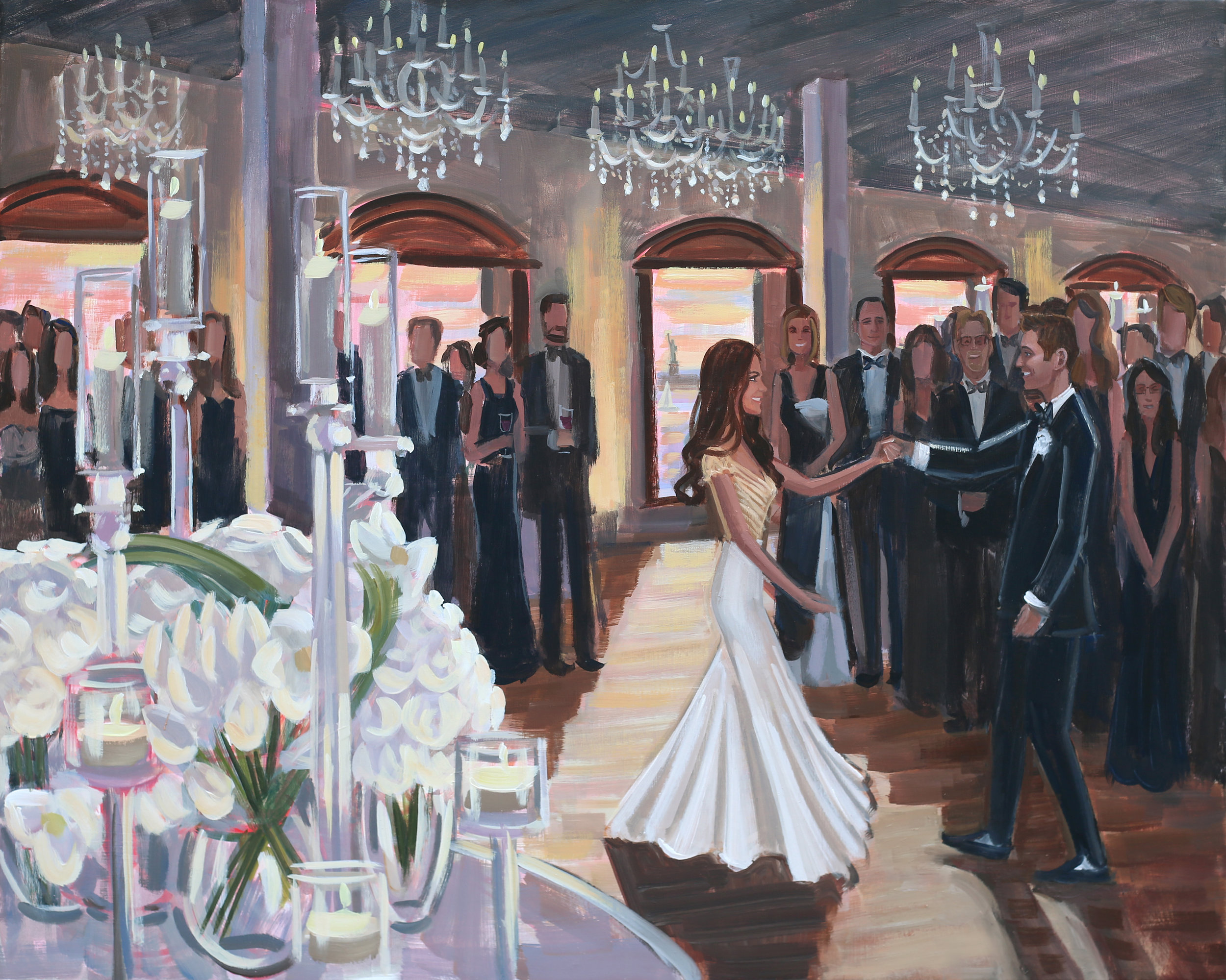 Live Wedding Painter, Ben Keys, captured Samara + Drew's romantic first dance at Brooklyn's Liberty Warehouse.