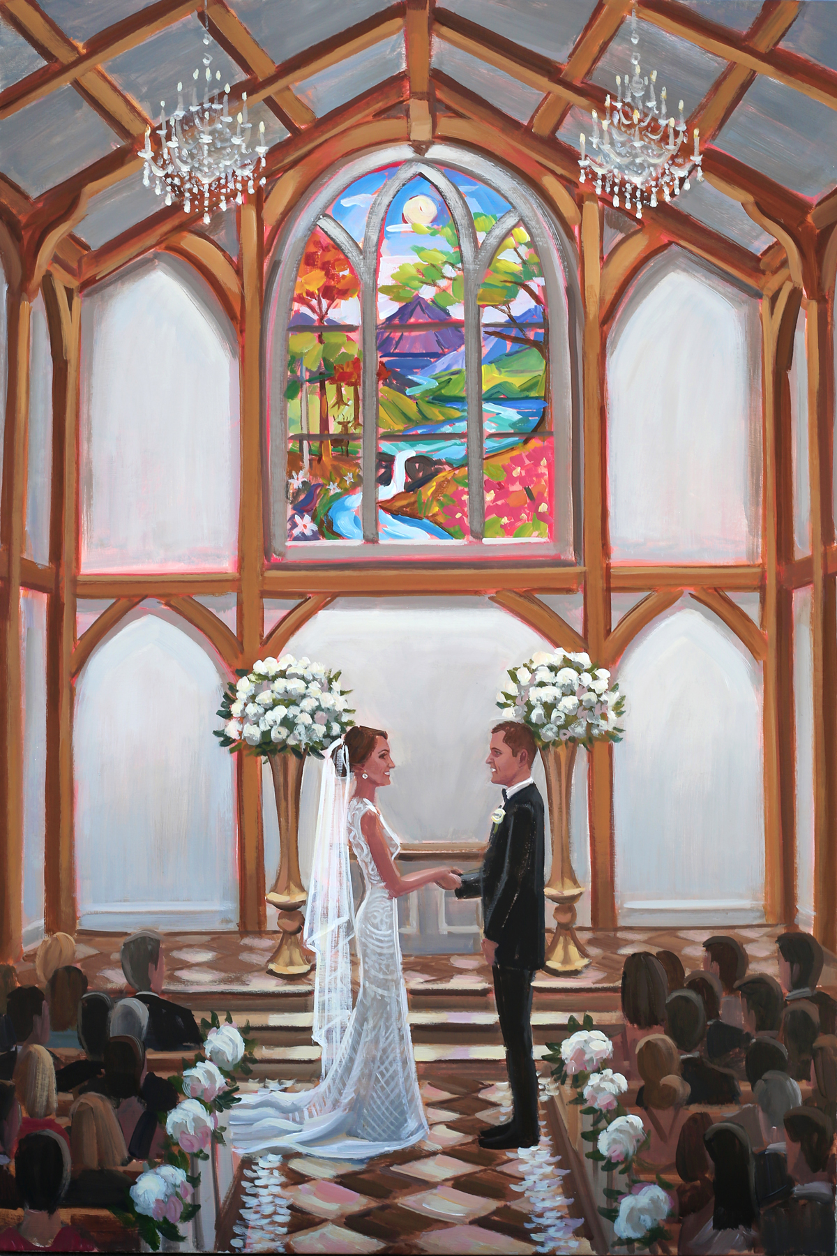 The new Chapel at The Greenbrier is what ceremony dreams are made of … and Ben so loved capturing Stephanie and Mark’s sweet moment as they said, I DO, with a live wedding painting!