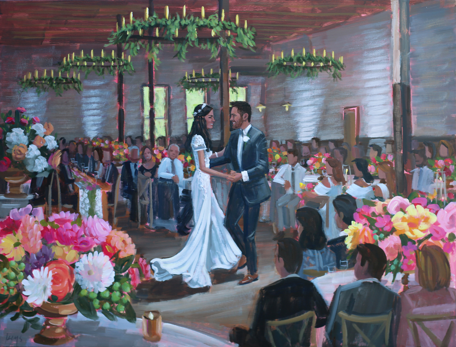 Live Wedding Painter, Ben Keys of Wed on Canvas, captures Houston couples first dance at the unique Brake and Clutch Warehouse.
