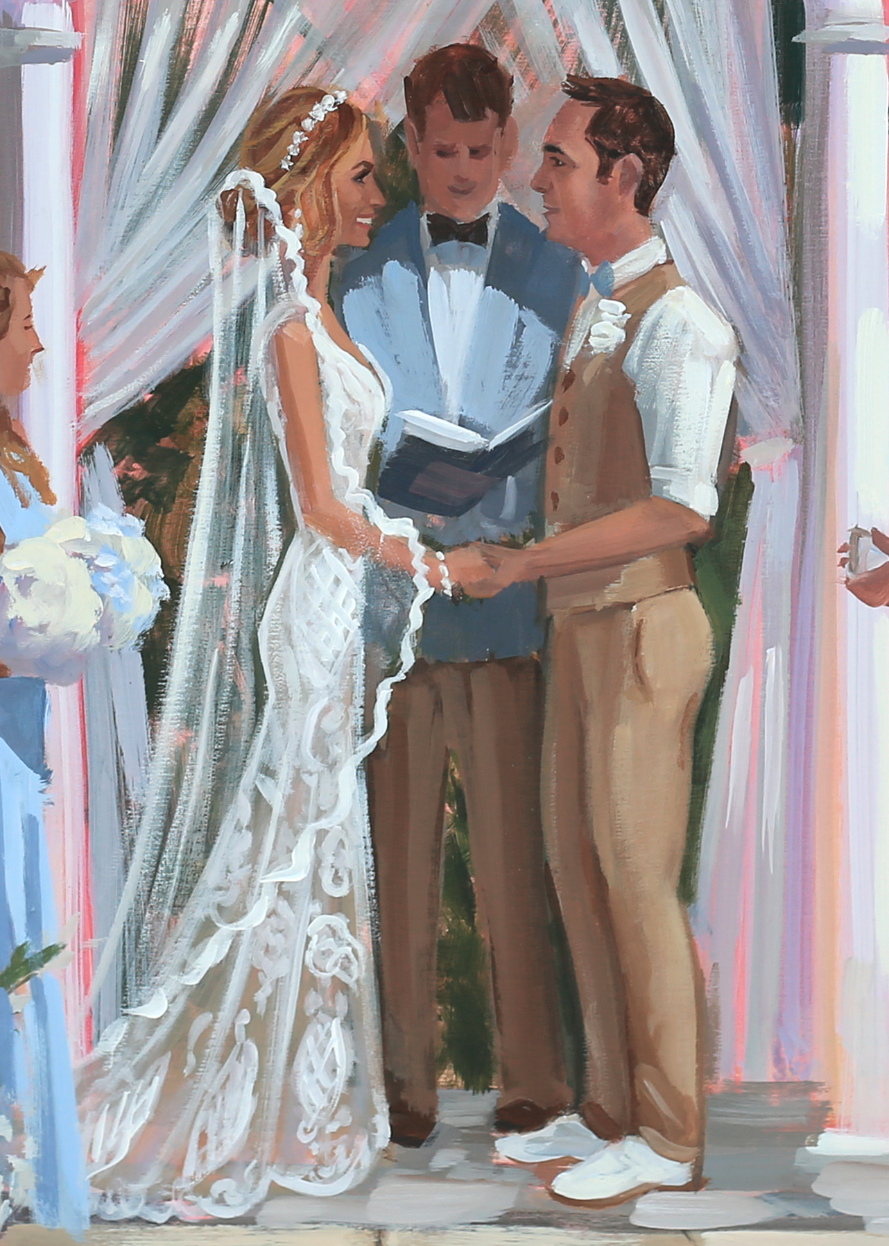 Close Up of the details from Megan + Joey’s live wedding painting created at their ceremony at downtown Charleston’s William Aiken House.