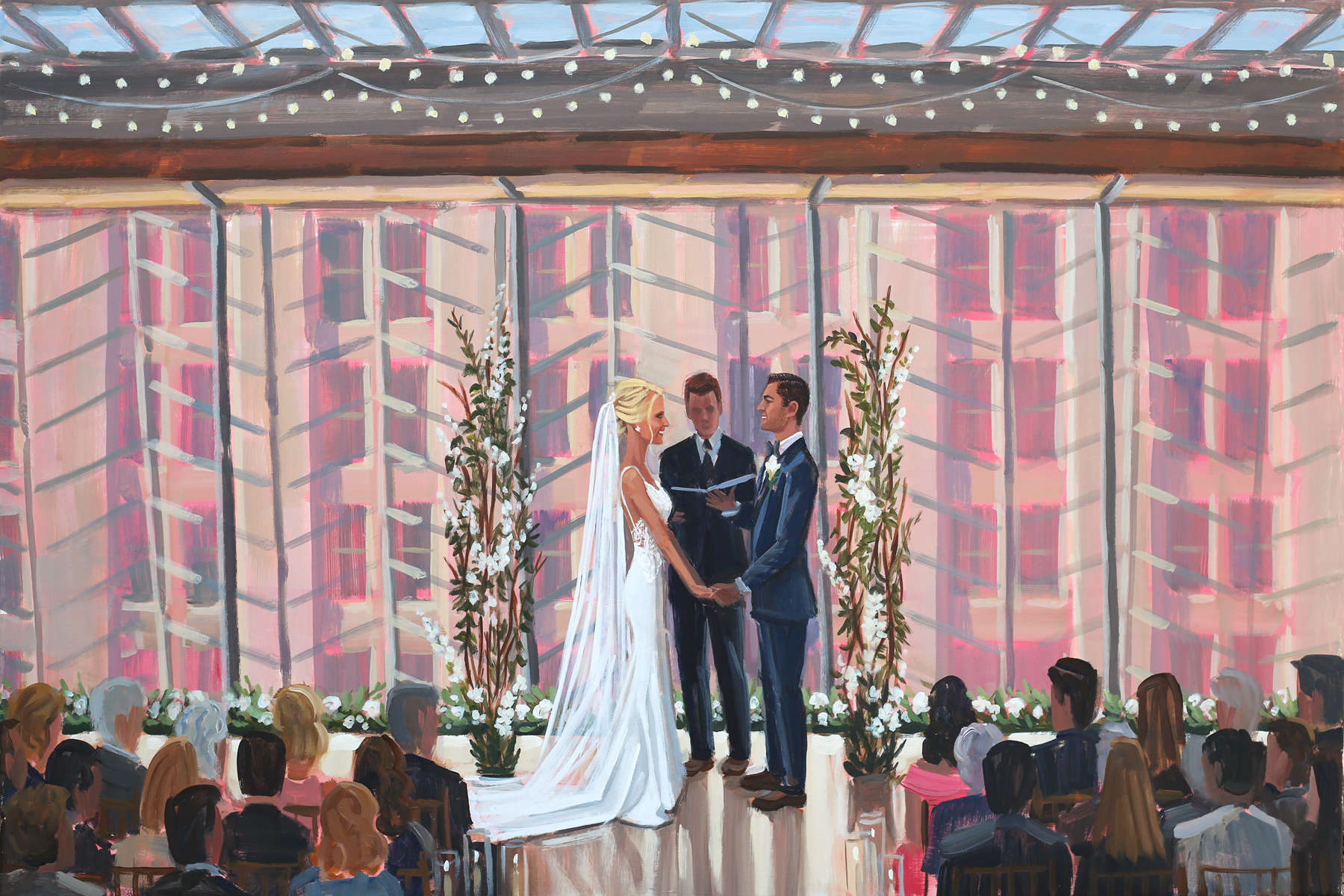 Live Wedding Painter, Ben Keys, captured E+M’s breathtaking ceremony held at the Hamilton Garden inside Philadelphia’s Kimmel Center.