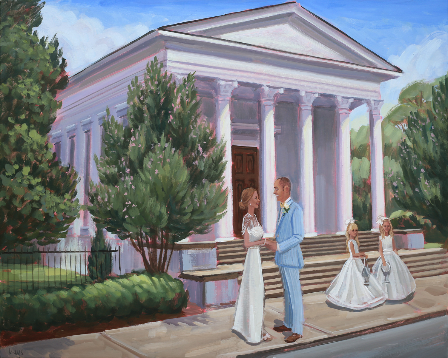 Live wedding painter, Ben Keys, captured A+J sharing an intimate moment outside Charleston’s Trinity United Methodist Church with their two daughter’s.