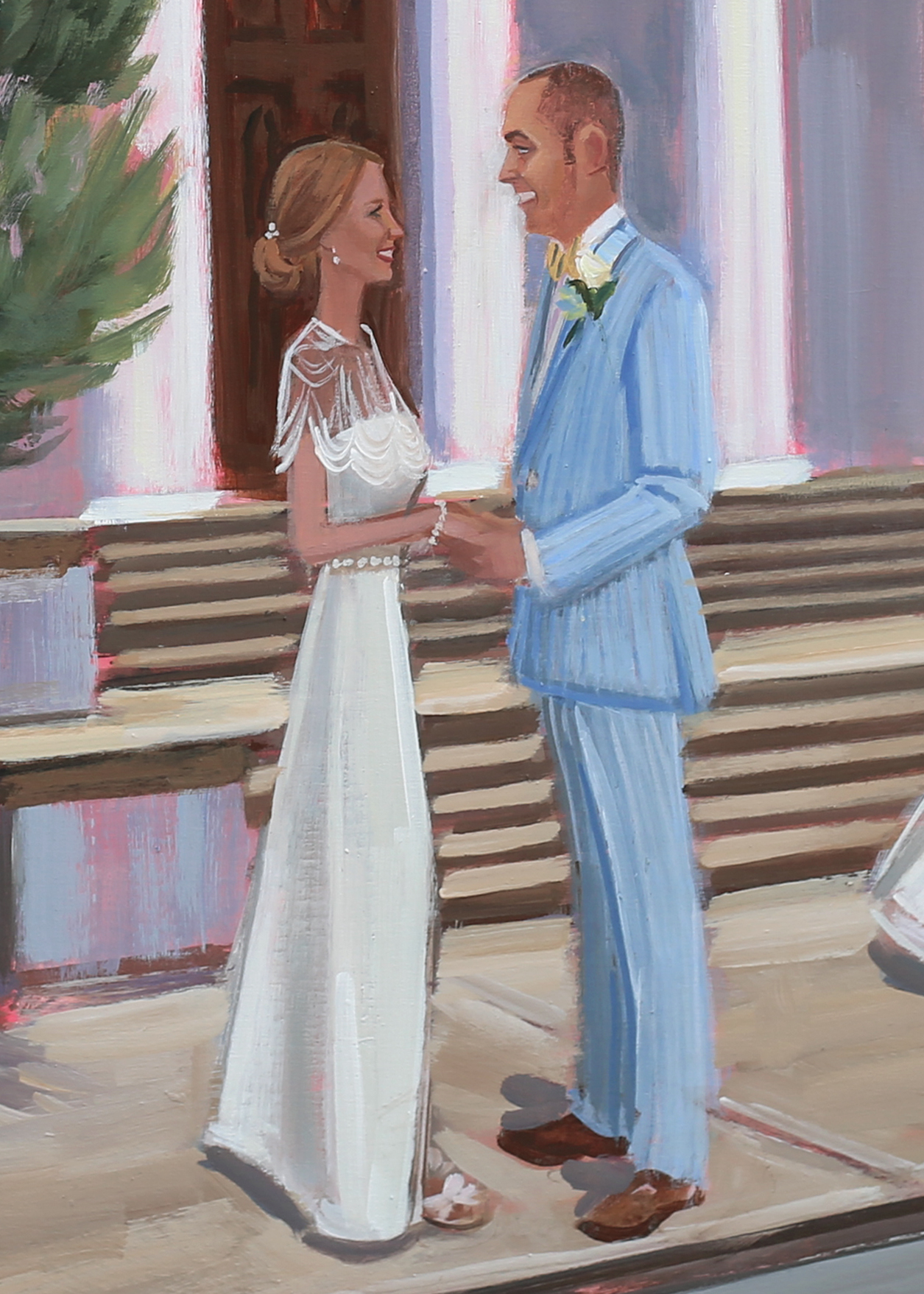 Close-Up of Anne + Jason’s live wedding painting from downtown Charleston’s Trinity United Methodist Church.