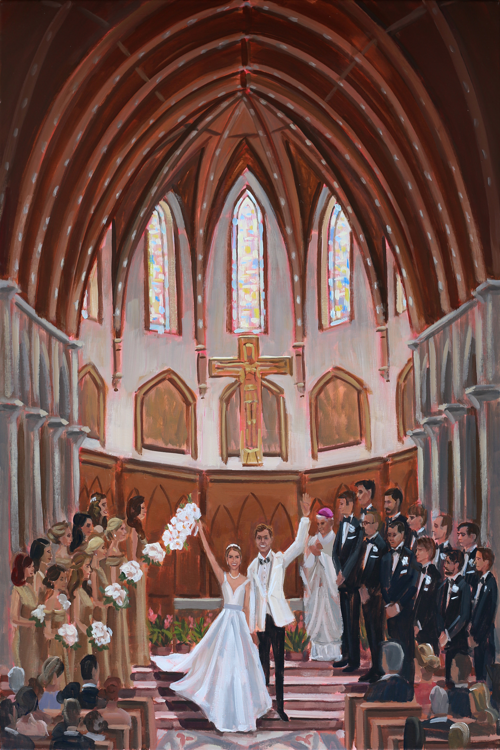 Live Wedding Painter, Ben Keys, captured MC+M’s ceremony recessional held at Chicago’s breathtaking Holy Name Cathedral.