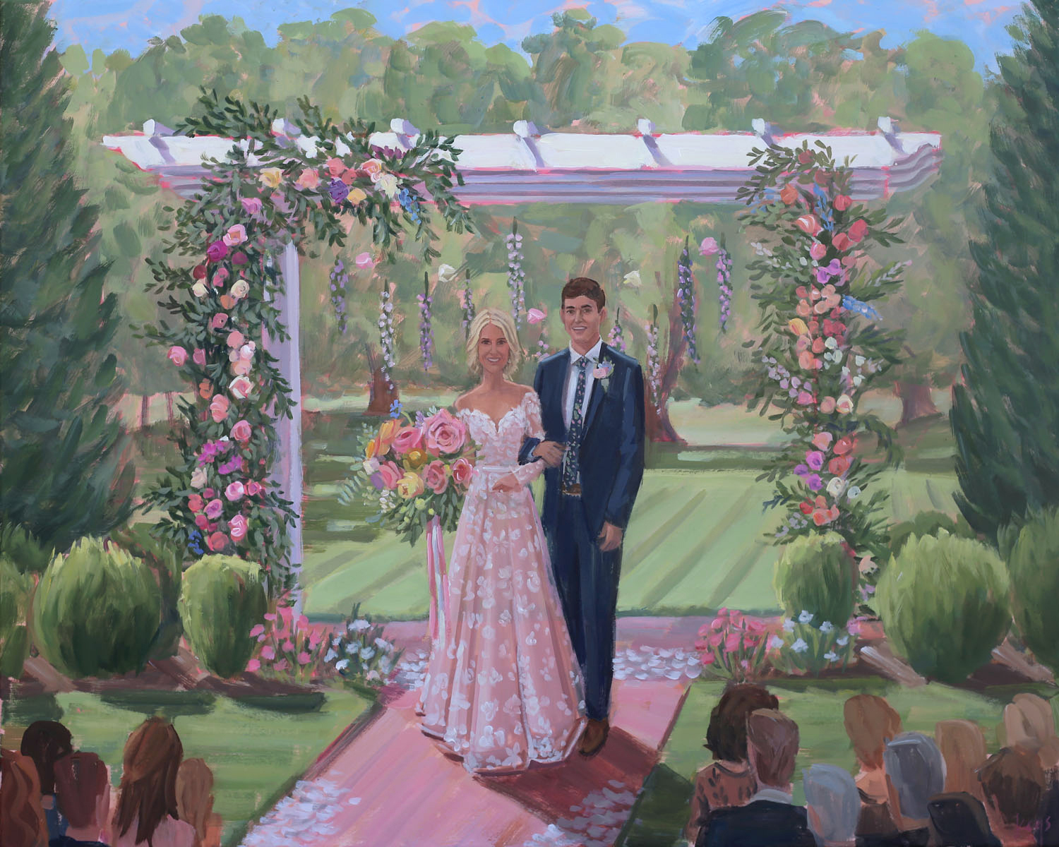 Live Wedding Painter, Ben Keys, captured Shelby + Preston’s gorgeous wedding ceremony at Mockville, NC’s dreamy Boxwood Estate.