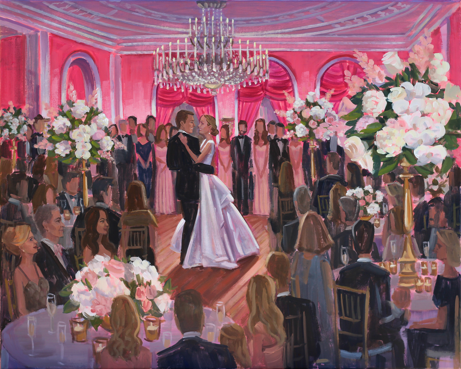 Live Wedding Painter, Ben Keys, captured Caroline + Wyatt’s first dance in the magical Cameo Ballroom of The Greenbrier.