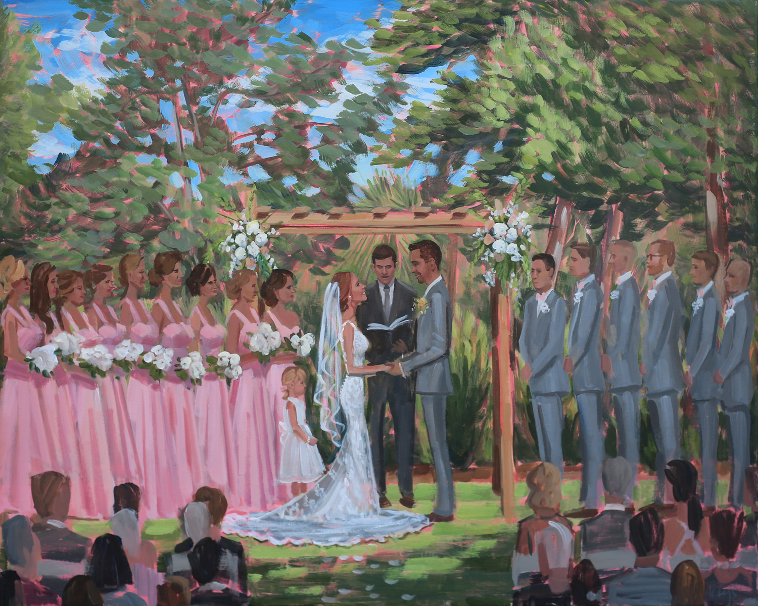 Wilmington Live Painter, Ben Keys, captured Jenna + Justin’s dreamy garden ceremony that was held at the New Hanover County Arboretum.