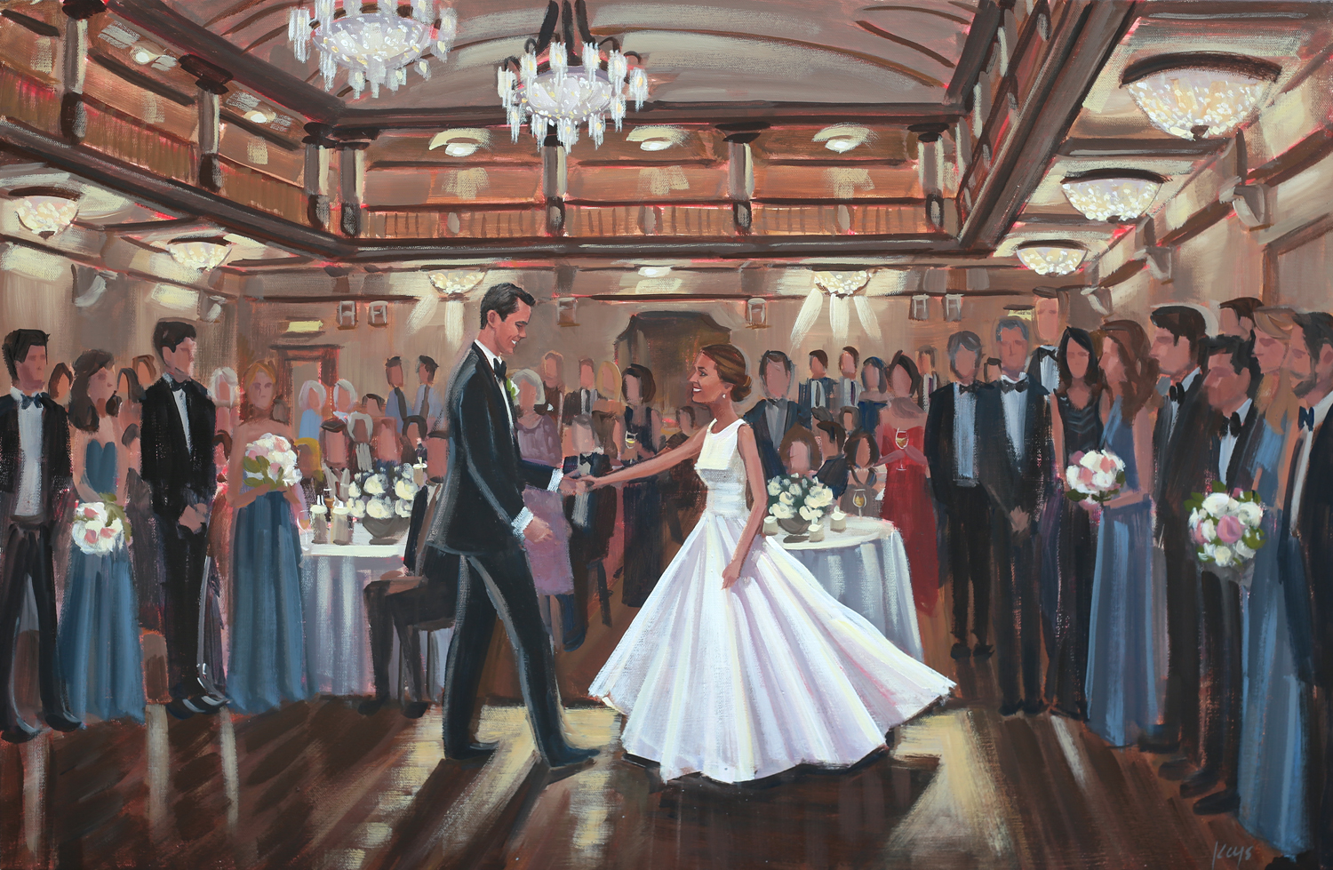 Live wedding painter, Ben Keys, captured Heather + Jake’s dreamy first dance at historic Richmond’s John Marshall Ballrooms.