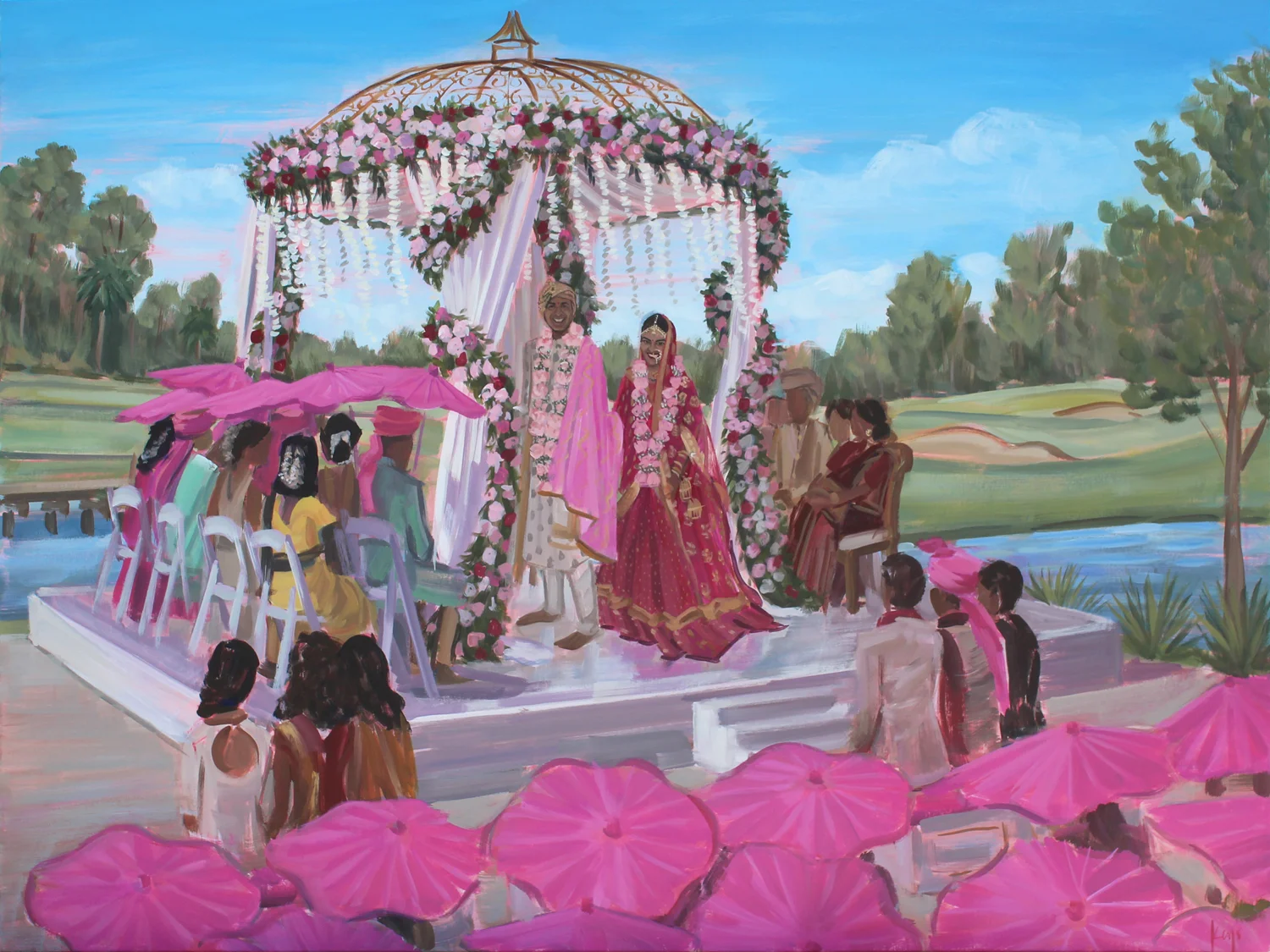 Live Wedding Painter, Ben Keys, captured Sibani + Apas’ wedding ceremony held the Waldorf Astoria Orlando.