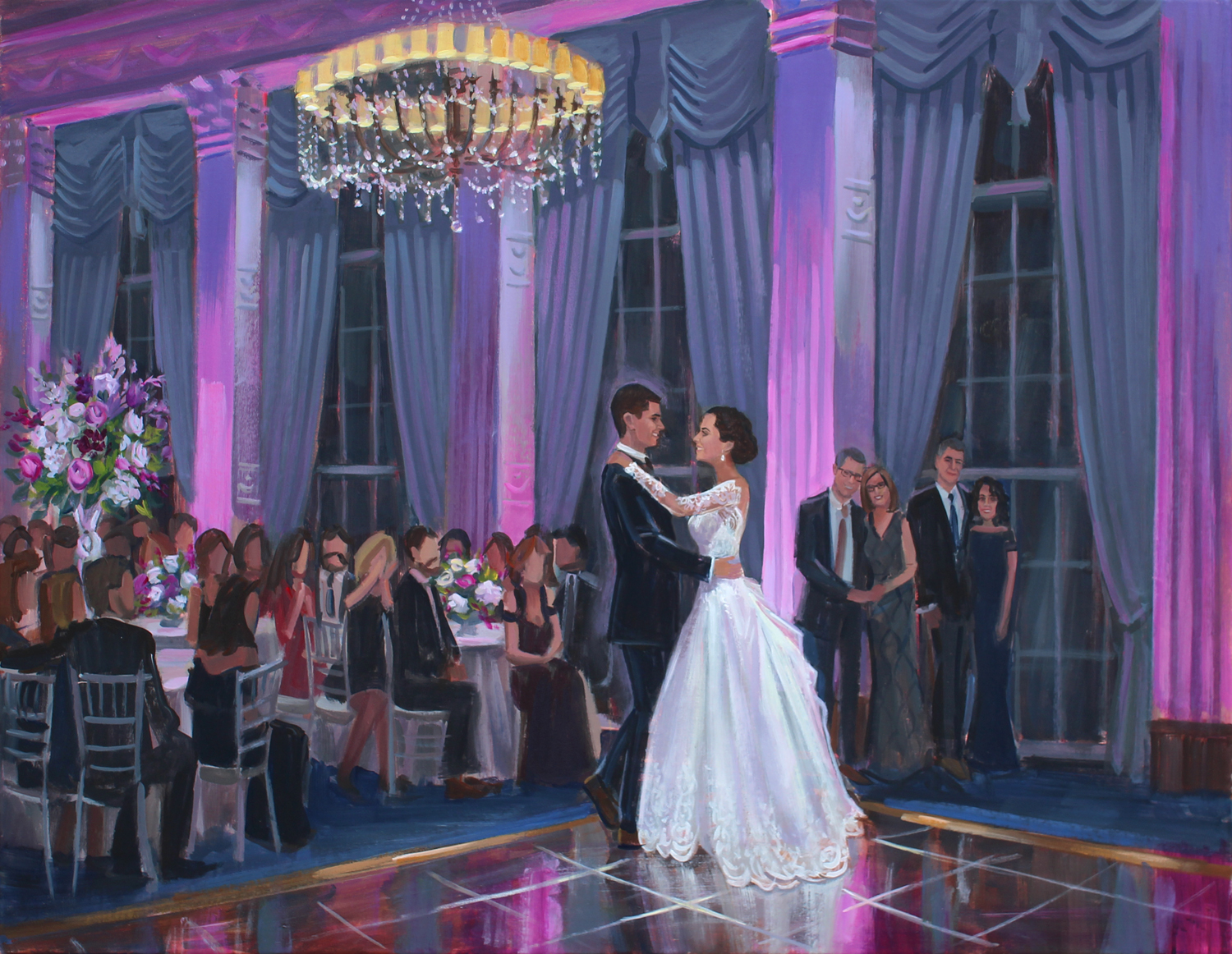 Live Wedding Painter, Ben Keys, captured Abbey + Andrews romantic first dance during their reception at the Mariott Grand in St. Louis, MO.