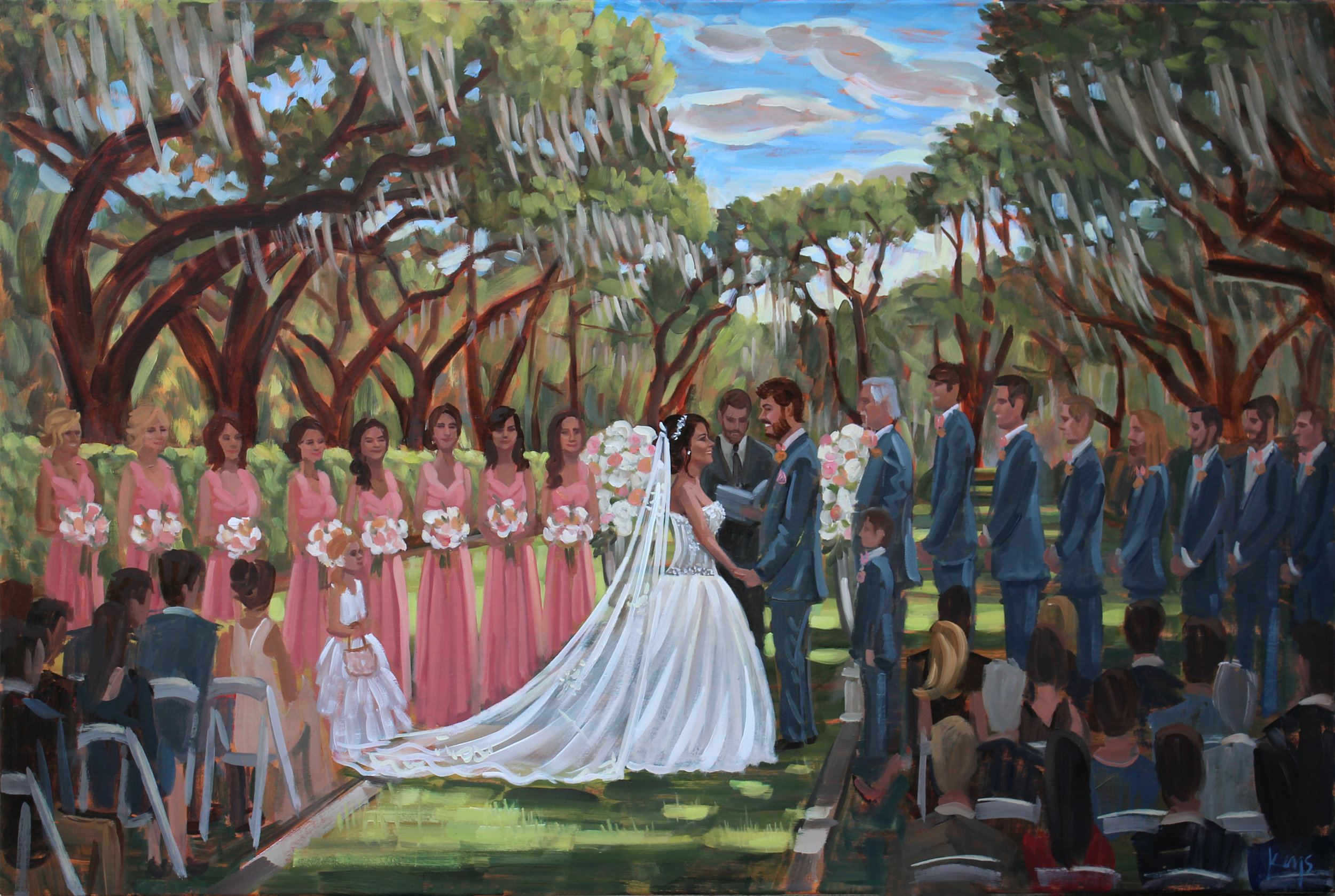 Live Wedding Painter, Ben Keys, captured Amber + Justin’s gorgeous ceremony under the Avenue of Oaks at The Ford Plantation!