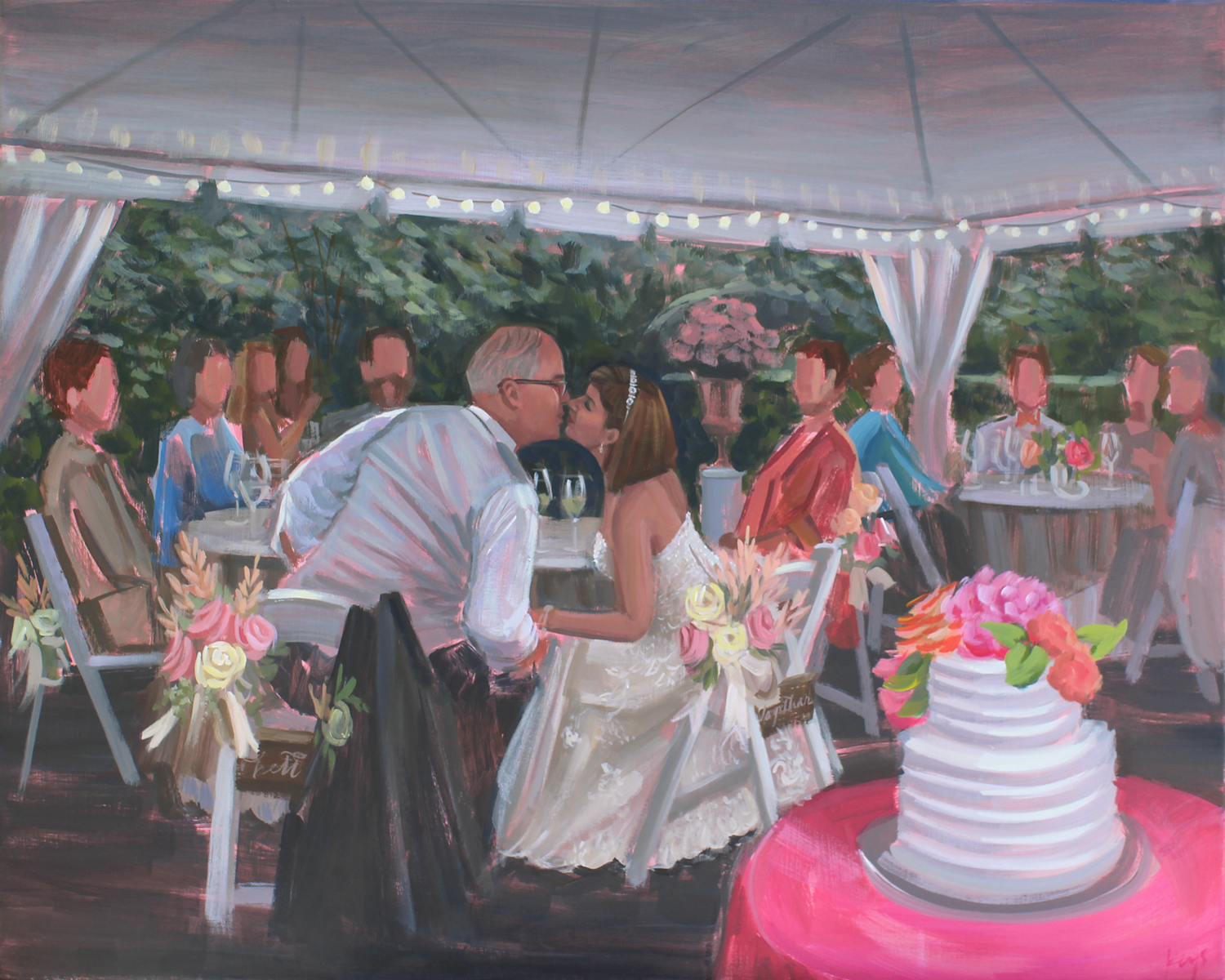 Wedding Painter, Ben Keys, created this painting for Sandra + Jim’s First Anniversary merging several of their wedding photos together.