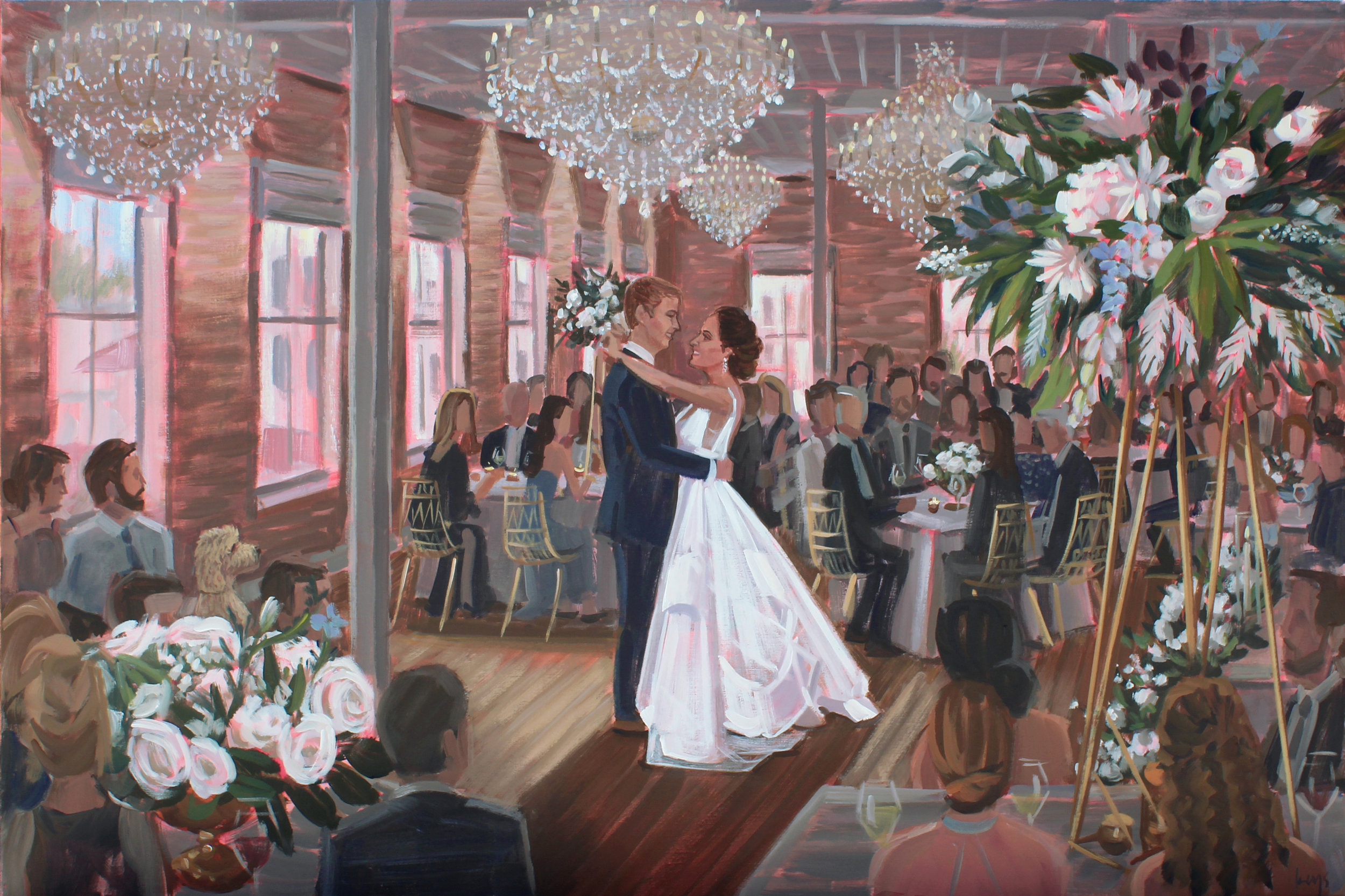 Merchants Hall Wedding reception captured by Charleston Live Wedding Painter, Ben Keys Fine Art Studio