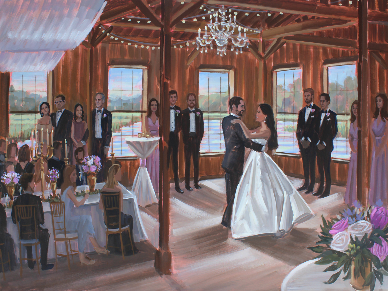 Carolina + Jacob commissioned live wedding painter, Ben Keys, to capture their first dance during their reception held at Charleston’s Boone Hall Plantation.