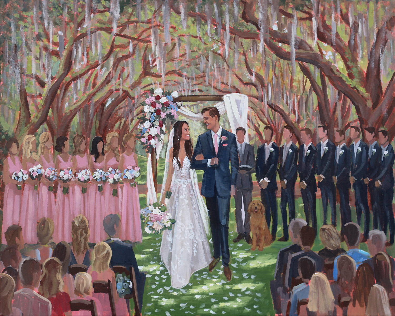 Live Wedding Painter, Ben Keys, captured Lauren + Jackson’s ceremony that was held at Charleston’s gorgeous Legare Waring House.