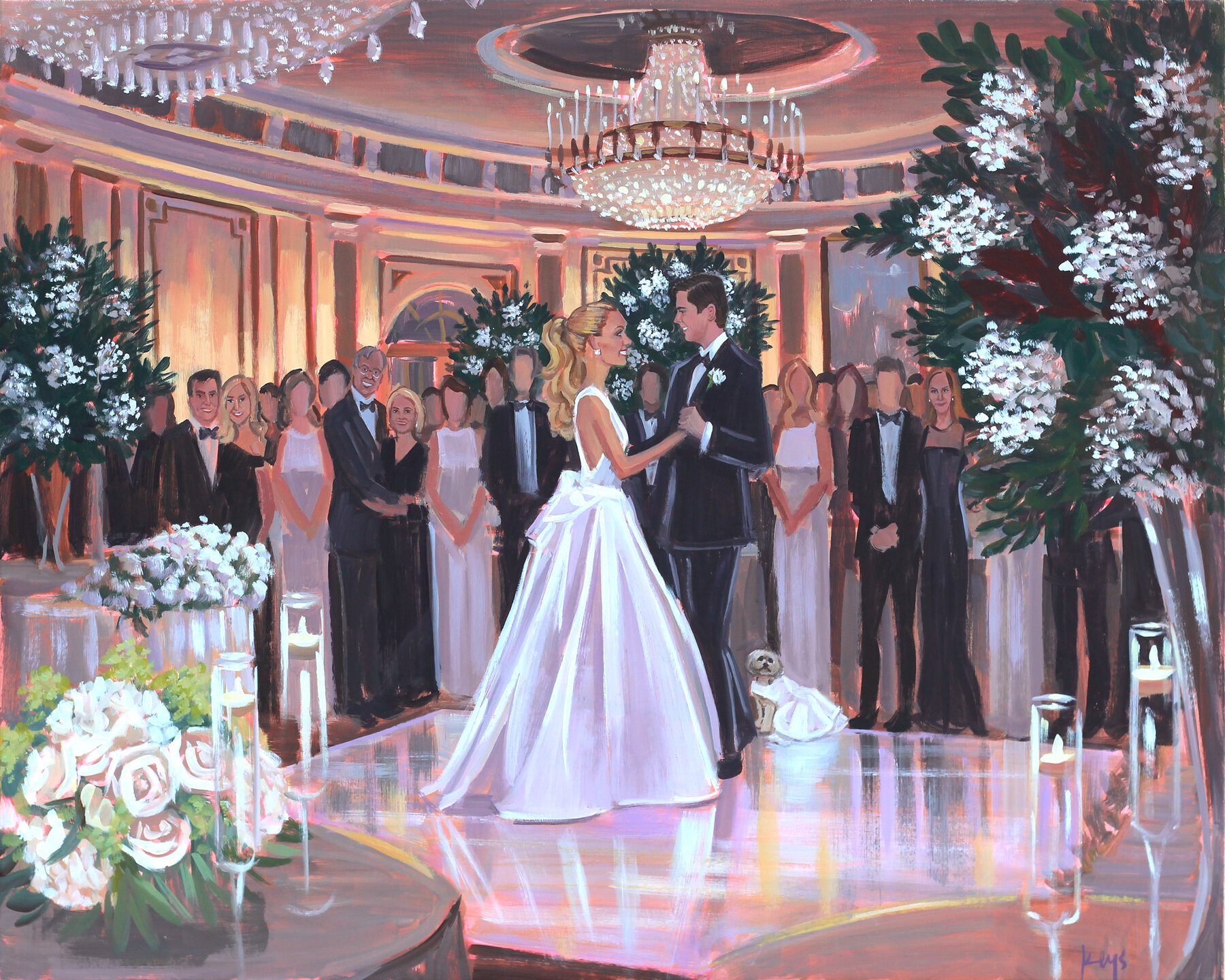 Live Wedding Painter, Ben Keys, captured Colleen and Paul’s first dance at Lotte New York Palace Hotel.