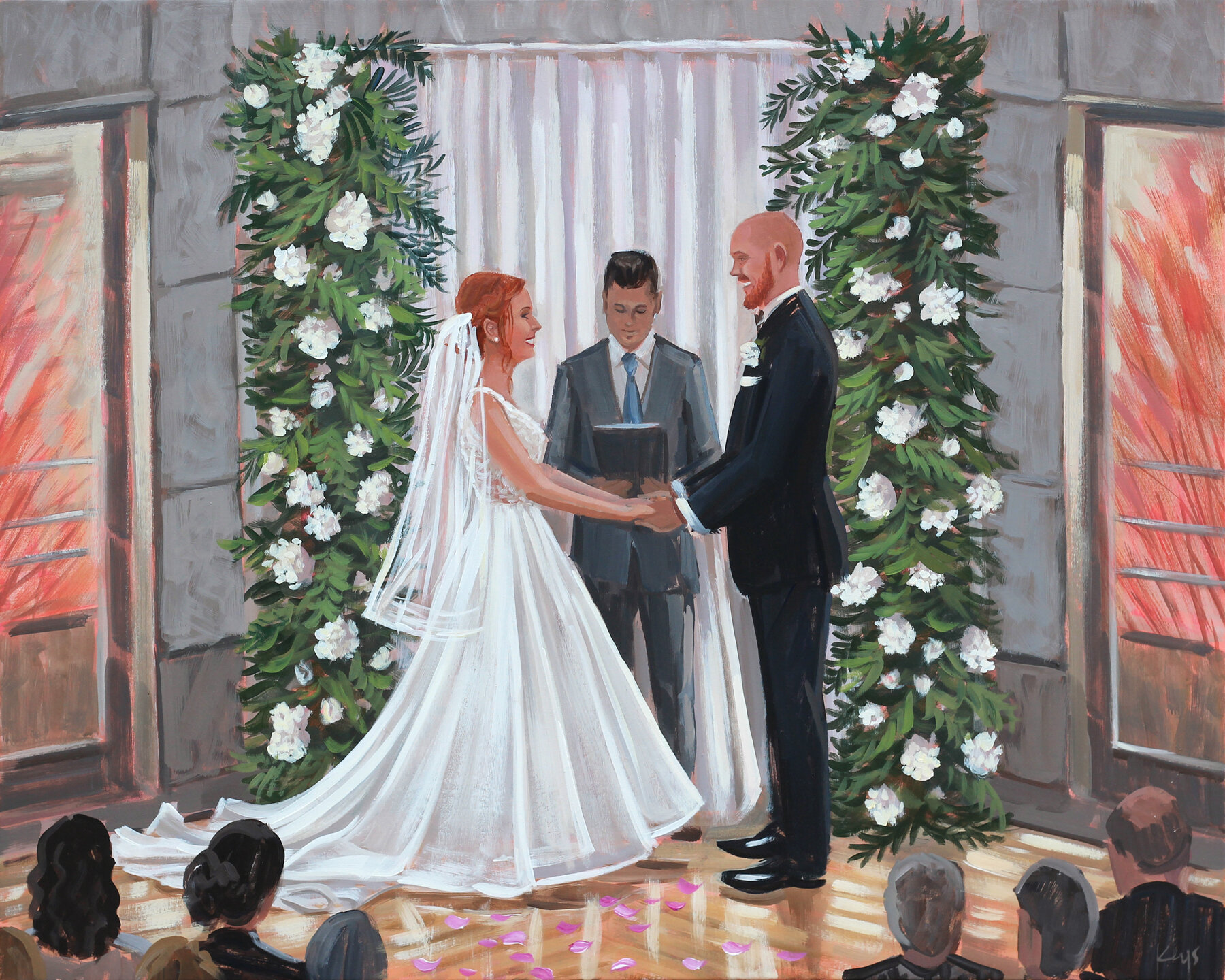 Live wedding painter, Ben Keys, captured Carleigh and Thomas’ ceremony held at the Ronald Reagan International Trade Center in Washington, DC.