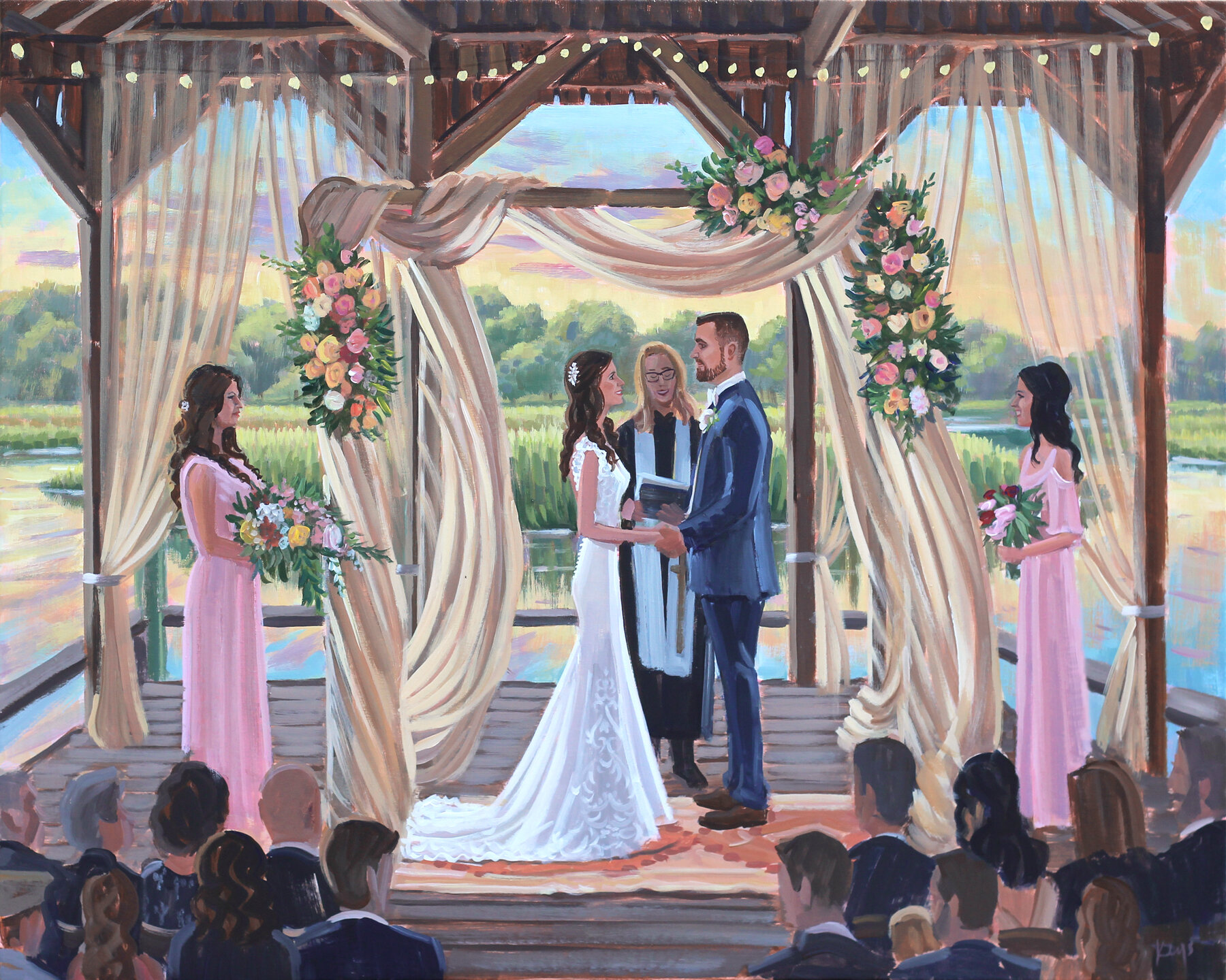 Charleston Live Wedding Painter, Ben Keys, captured Marissa and Mario’s ceremony on the Cotton Dock at Boone Hall Plantation.