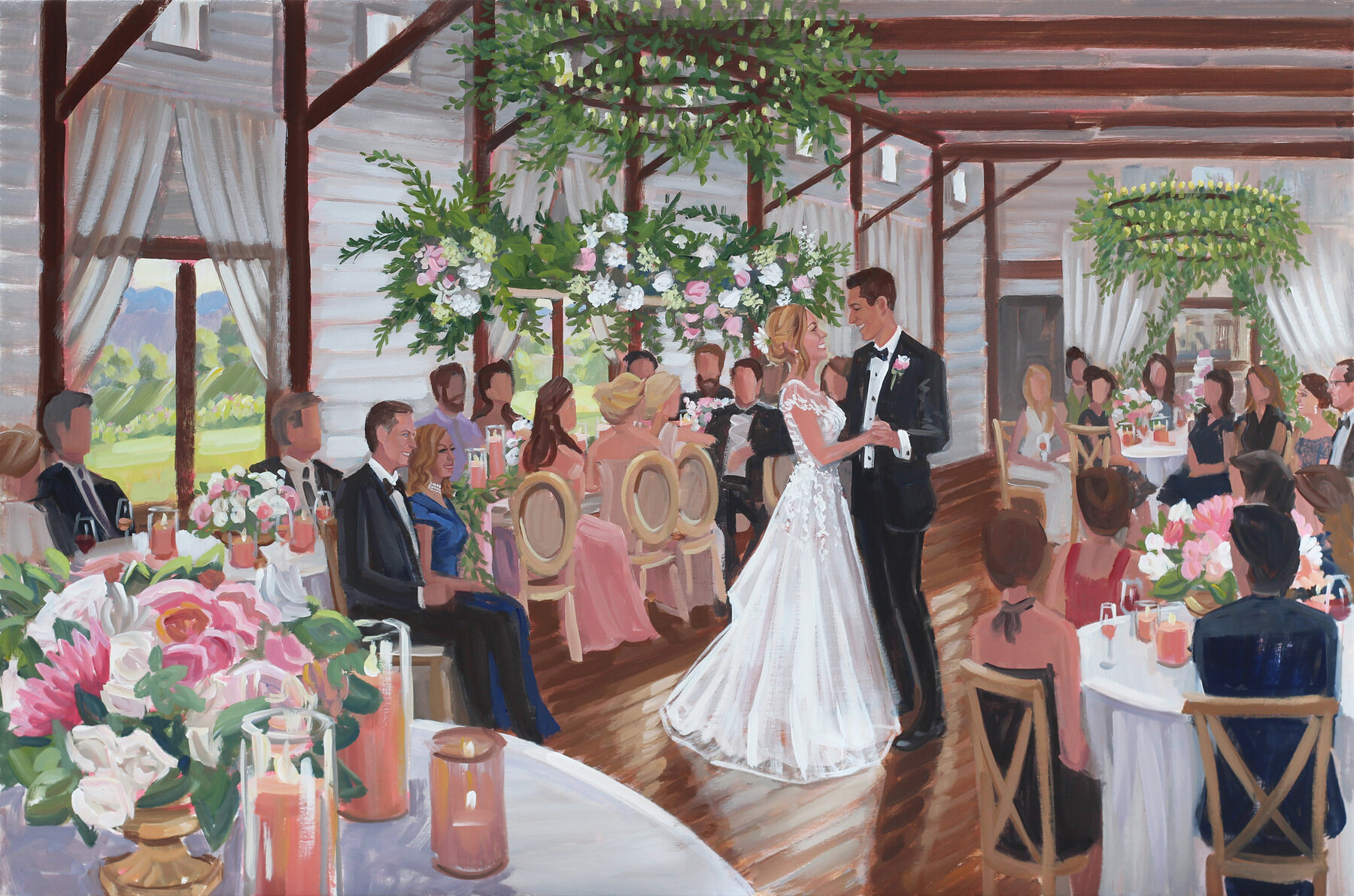Live Wedding Painter, Ben Keys,  captured Stephanie + Michael’s first dance during their reception held at Charlottesville’s gorgeous Pippin Hill Farm & Vineyards.