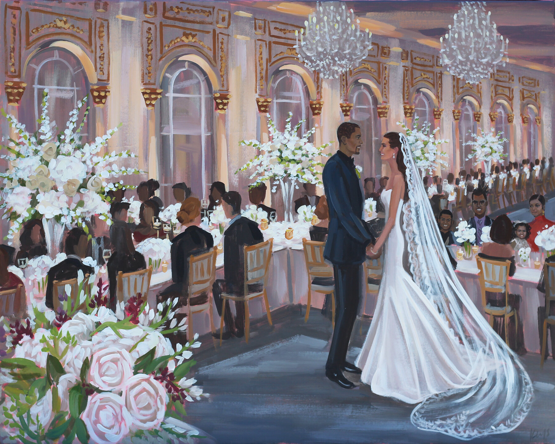 Live Wedding Painter, Ben Keys, captured former NFL player Jack Brewer’s sweet reception moment with his bride Cortney.