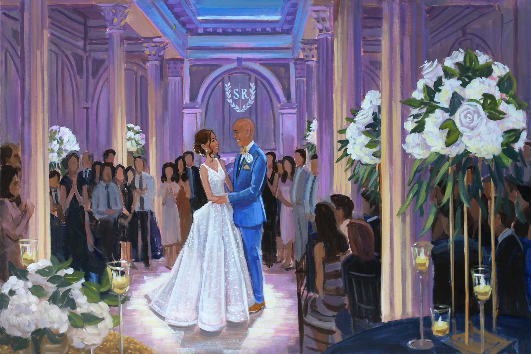 Live Wedding Painter, Ben Keys, captured Stephanie + Ryan’s first dance held at St. Augustine’s historic Treasury on the Plaza.