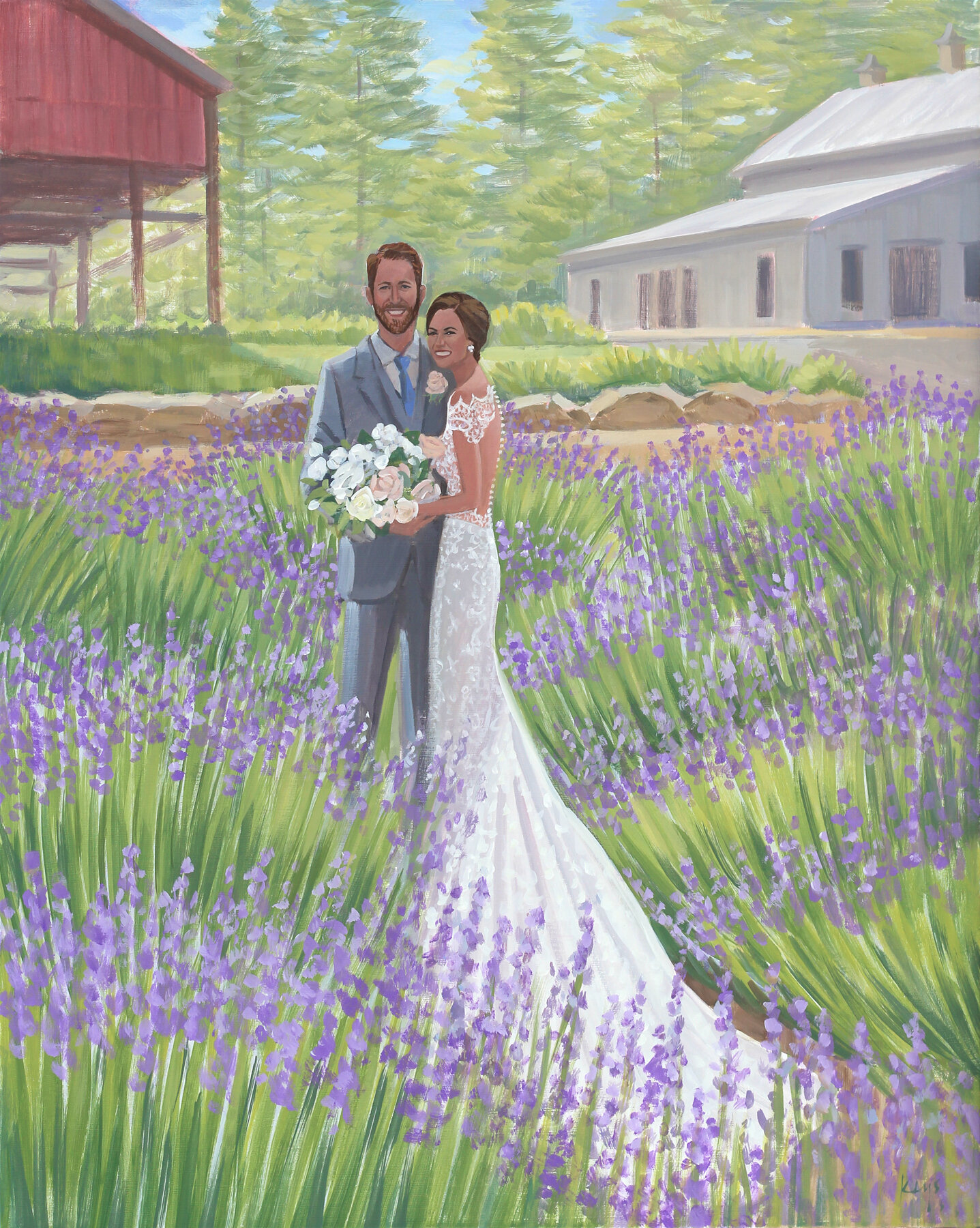 Chapel Hill Live Wedding Painter, Ben Keys, captured Kim + Matt’s first look at Lavender Oaks Farm.