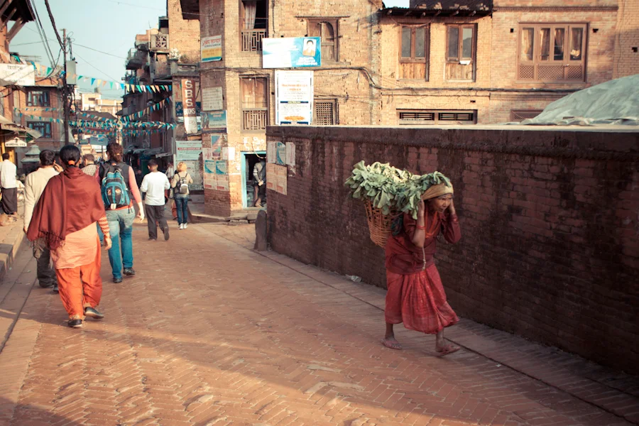 an old Nepalese woman carries vegetables on her back in Bhaktapur, Nepal.jpg