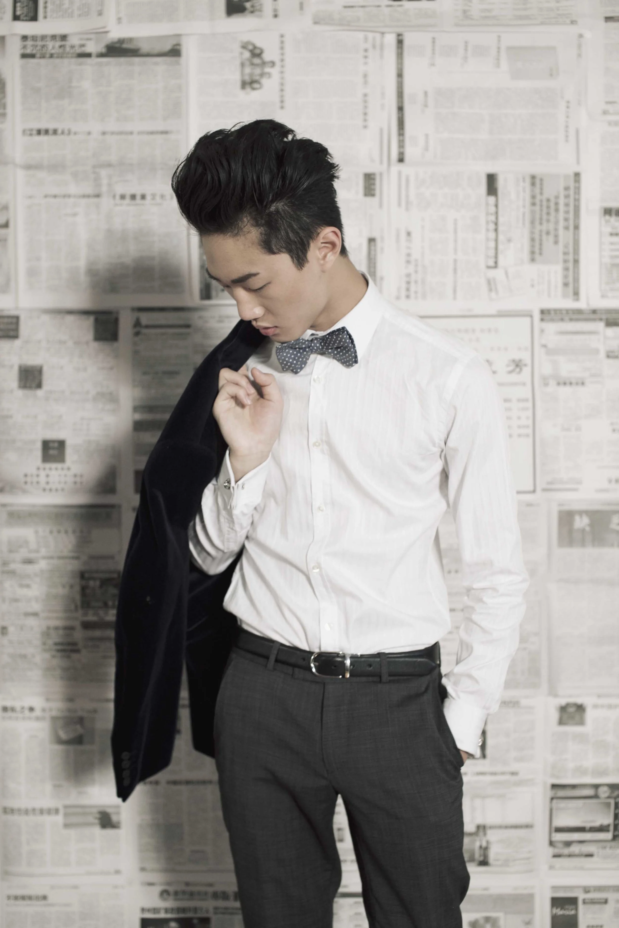Pierre wears: Ted Baker jacket, Ben Sherman suit trousers, Hugo Boss shirt, Ascot bow tie, Alexander McQueen cuff links , Polo Ralph Lauren belt .