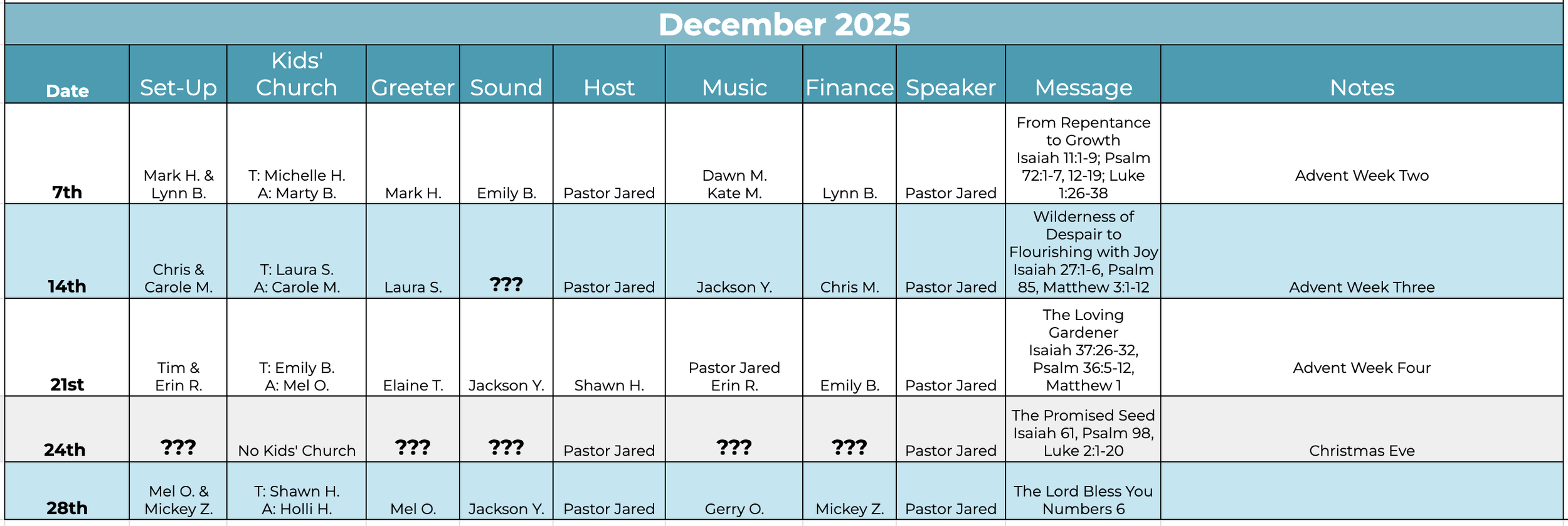 Watershed Church December 2025 Volunteer Schedule