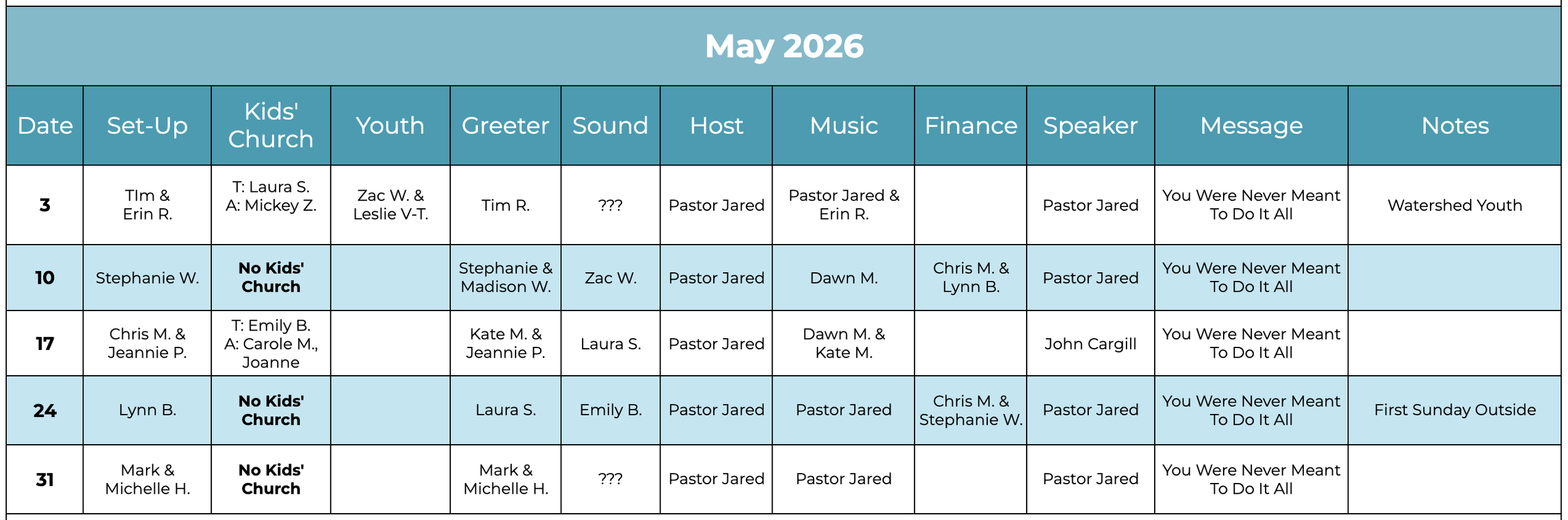 Watershed Church Volunteer Schedule: May 2026