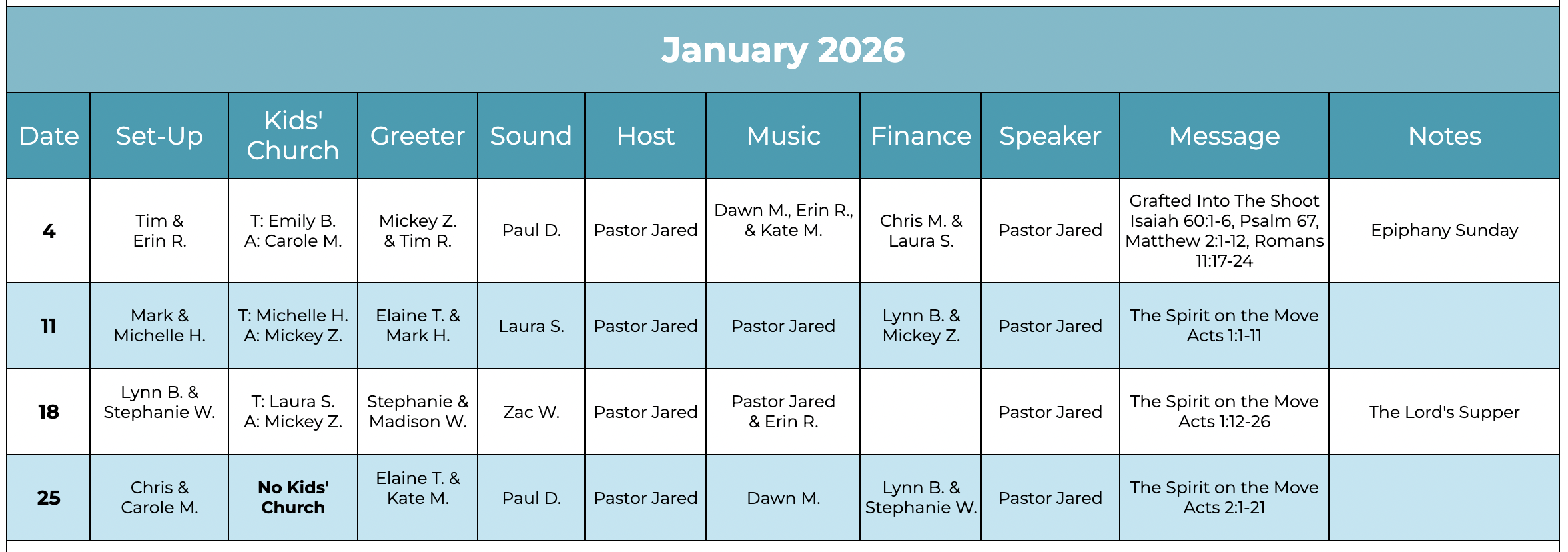 Watershed Church volunteer schedule for January 2026