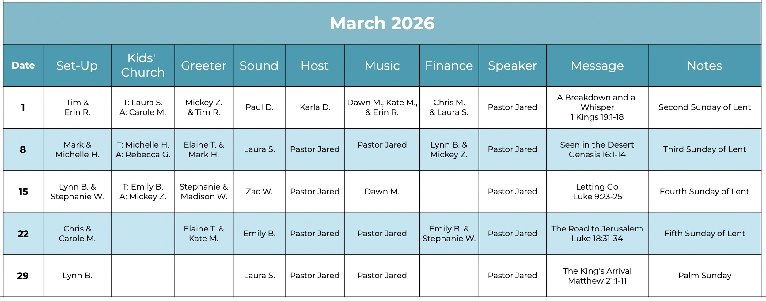 Watershed Church volunteer schedule for March, 2026