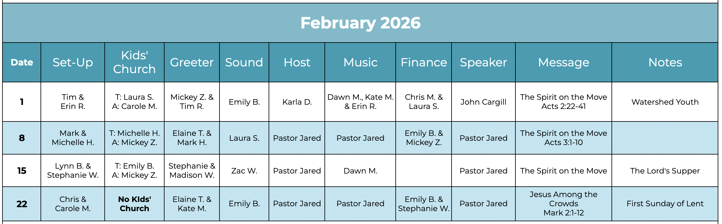 Volunteer schedule for February 2026 at Watershed Church