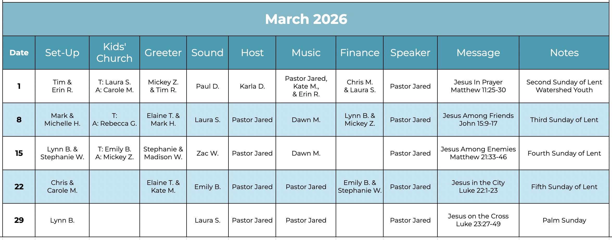 March 2026 volunteer calendar for Watershed Church