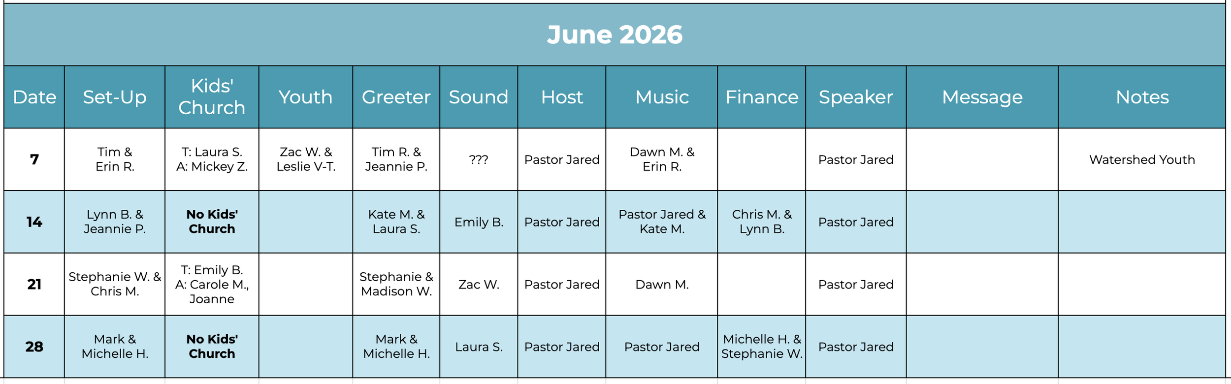 Watershed Church Volunteer Schedule: June 2026