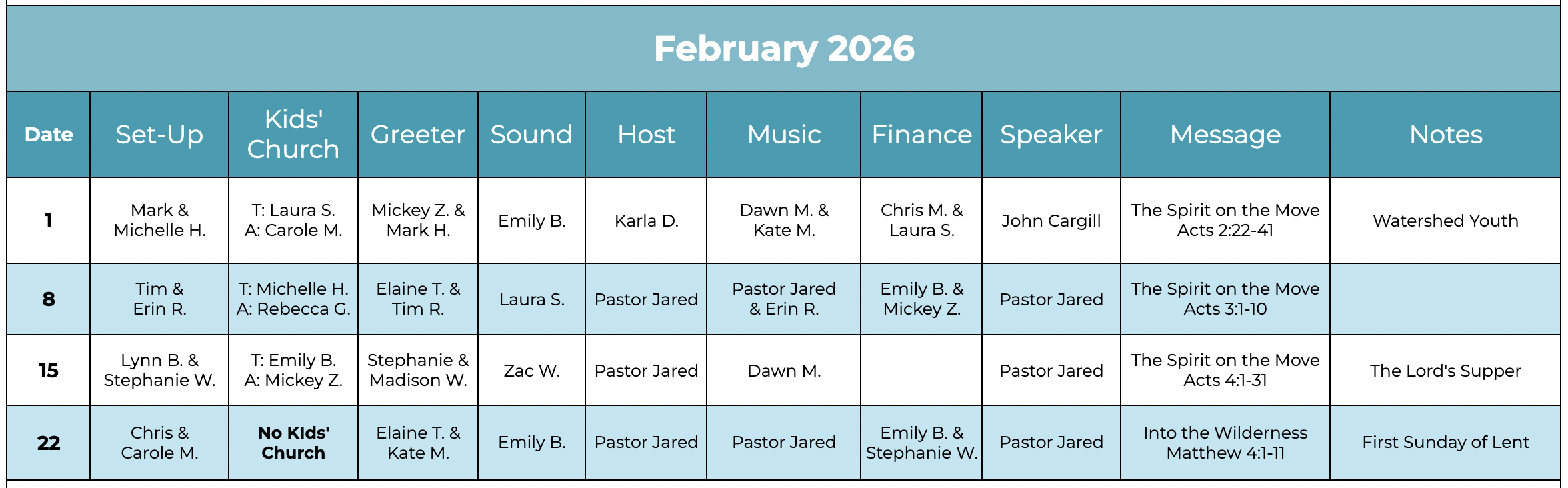 Watershed Church volunteer schedule for February 2026