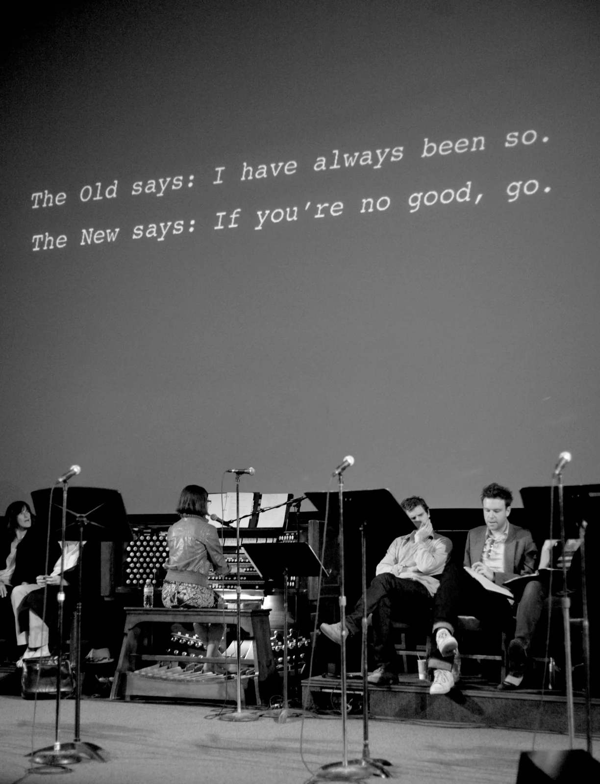 Fiona Highet, Laura Barrett, Matt Murphy and Bredan Gall rehearsing for Life of Galileo: for Tracy at Convocation Hall. ( Erika Jacobs )